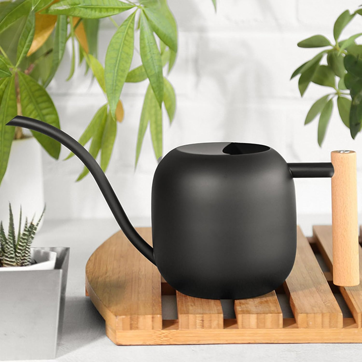 ​Watering Can for Indoor Plants, 1.2L Small Metal Stainless Steel Watering Can with Long Spout and Wooden Handle Modern Semi Open Top Watering Pot for Indoor Bonsai Plants Garden image number 3