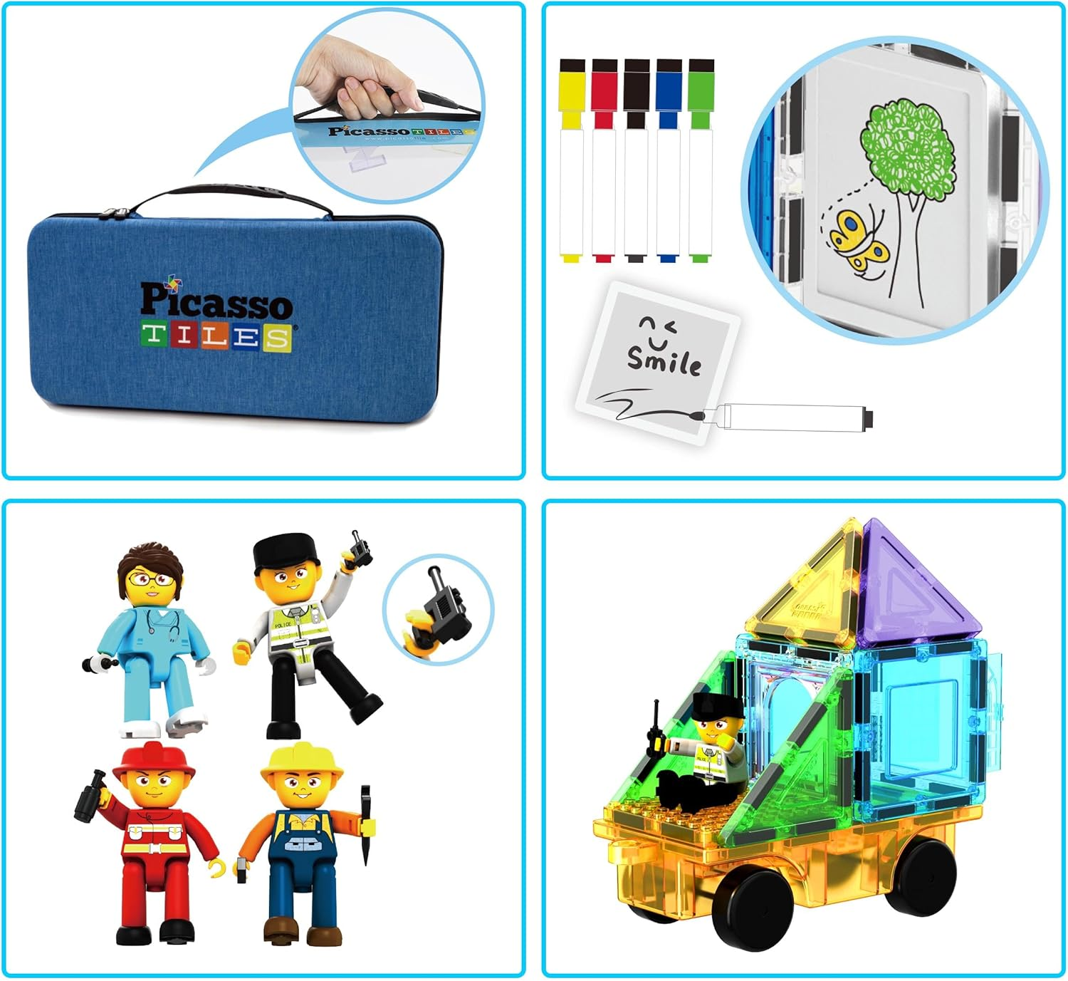 Picassotiles 100Pc Magnet Tile Construction Building Block Set with Carry Case Car Base Magnetic 8Pc Characters Whiteboard Markers Idea Book Magnetized Toy Kit Playset Kids STEM Learning Age 3+ PB01 image number 2