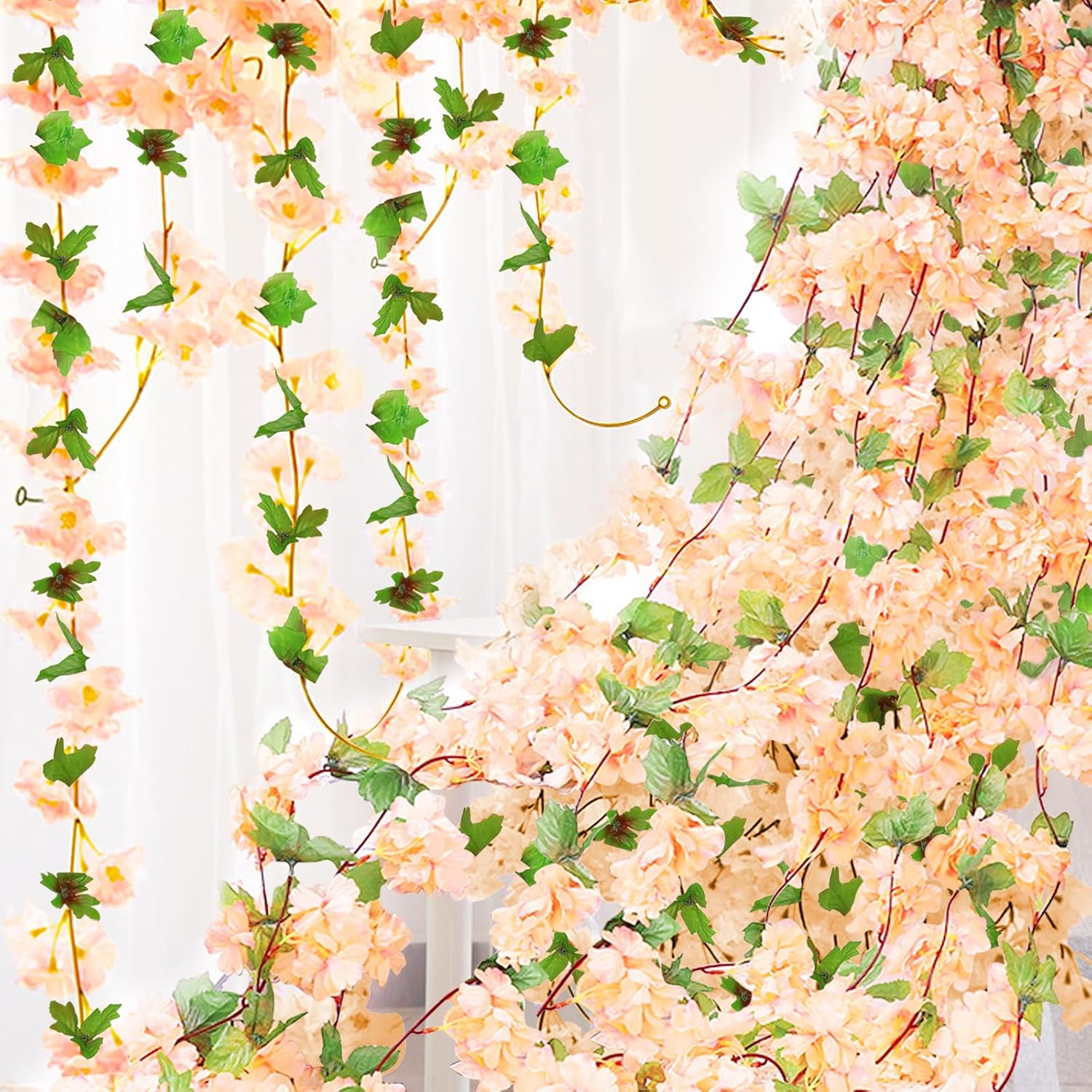 Bacucine 6Pcs Artificial Cherry Blossom Flower Vines Fake Cherry Blossom Flower Hanging Flower Vine Faux Sakura for Home Wedding Party Decor (Champagne)