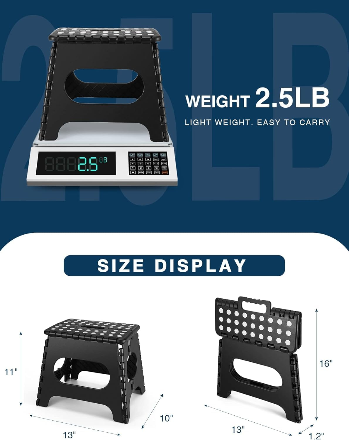 Folding Step Stool 11", Durable Kids Step Stool, Heavy Duty Step Stools for Adults, Compact Foot Stools, Light-Skid Resistant and Open with One Flip for Kitchen, Bathroom, Holds up to 300 Lbs (Black)