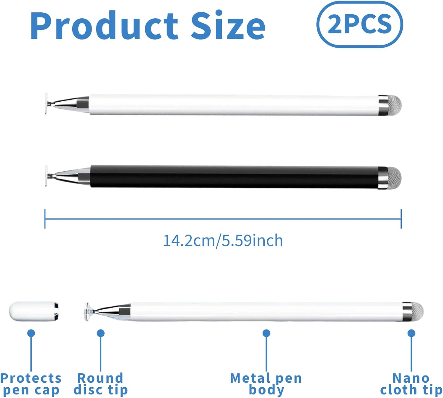 Stylus Pens for Touch Screens, 2 in 1 Magnetic Disc and Fiber Tip Compatible Stylus Pen for Ipad, Iphone, Android, Samsung Galaxy, Microsoft Tablets & All Capacitive Touch Devices (White/Black)
