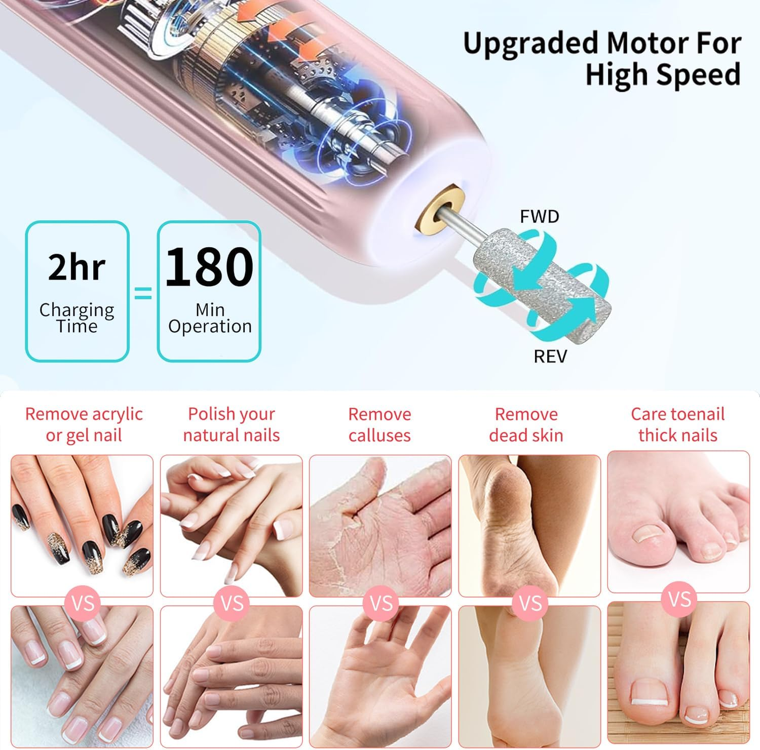 Xunmotoryao Electric Nail Cutter Professional Electric Nail File for Gel Nails USB Rechargeable 20000 Rpm Manicure Pedicure Set Pink image number 6