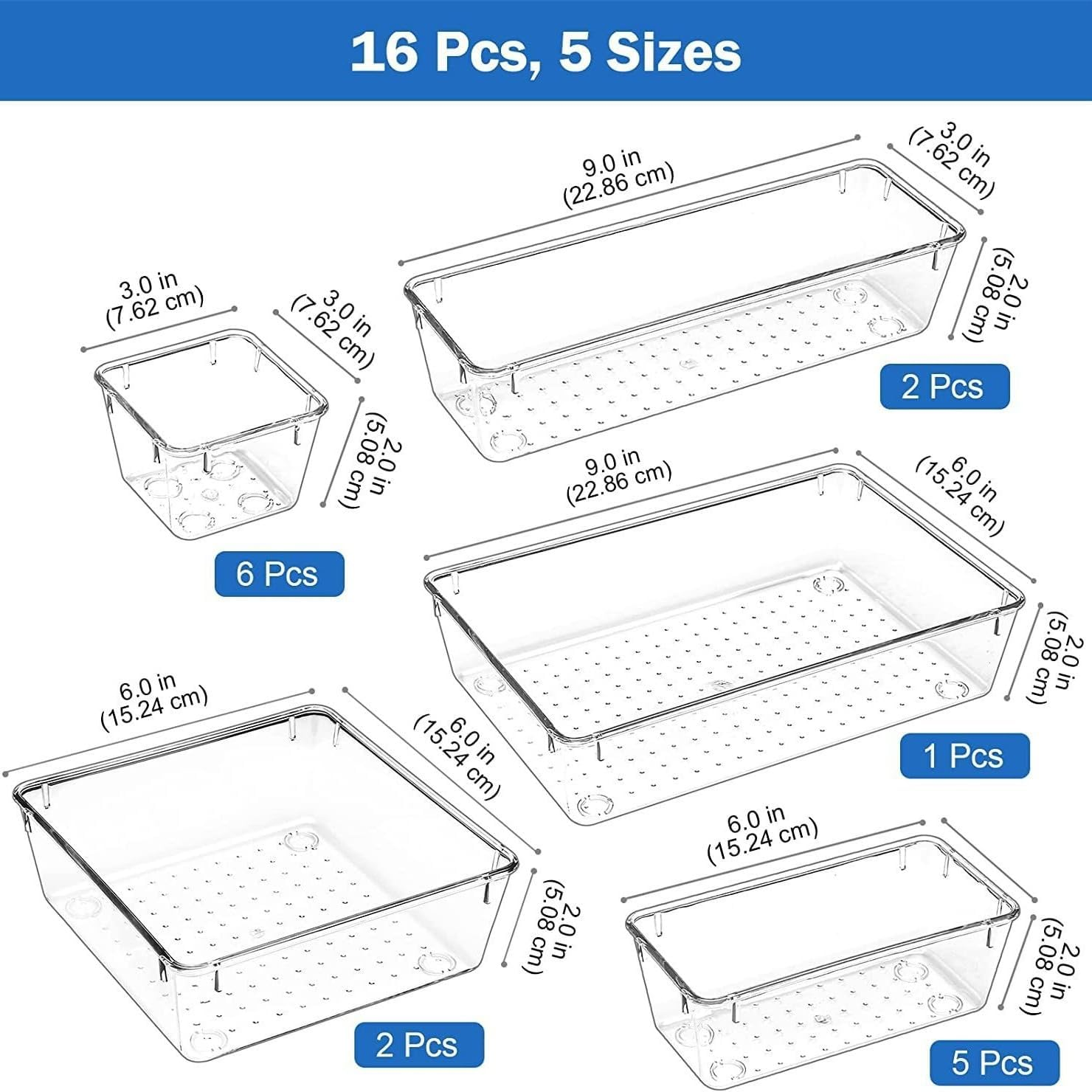 16Pcs Drawer Organisers Set, 5 Varied Size Bathroom and Kitchen Drawer Cabinet Organizer Trays, Clear Storage Bins for Makeup, Jewelry, Utensils and Gadgets image number 2