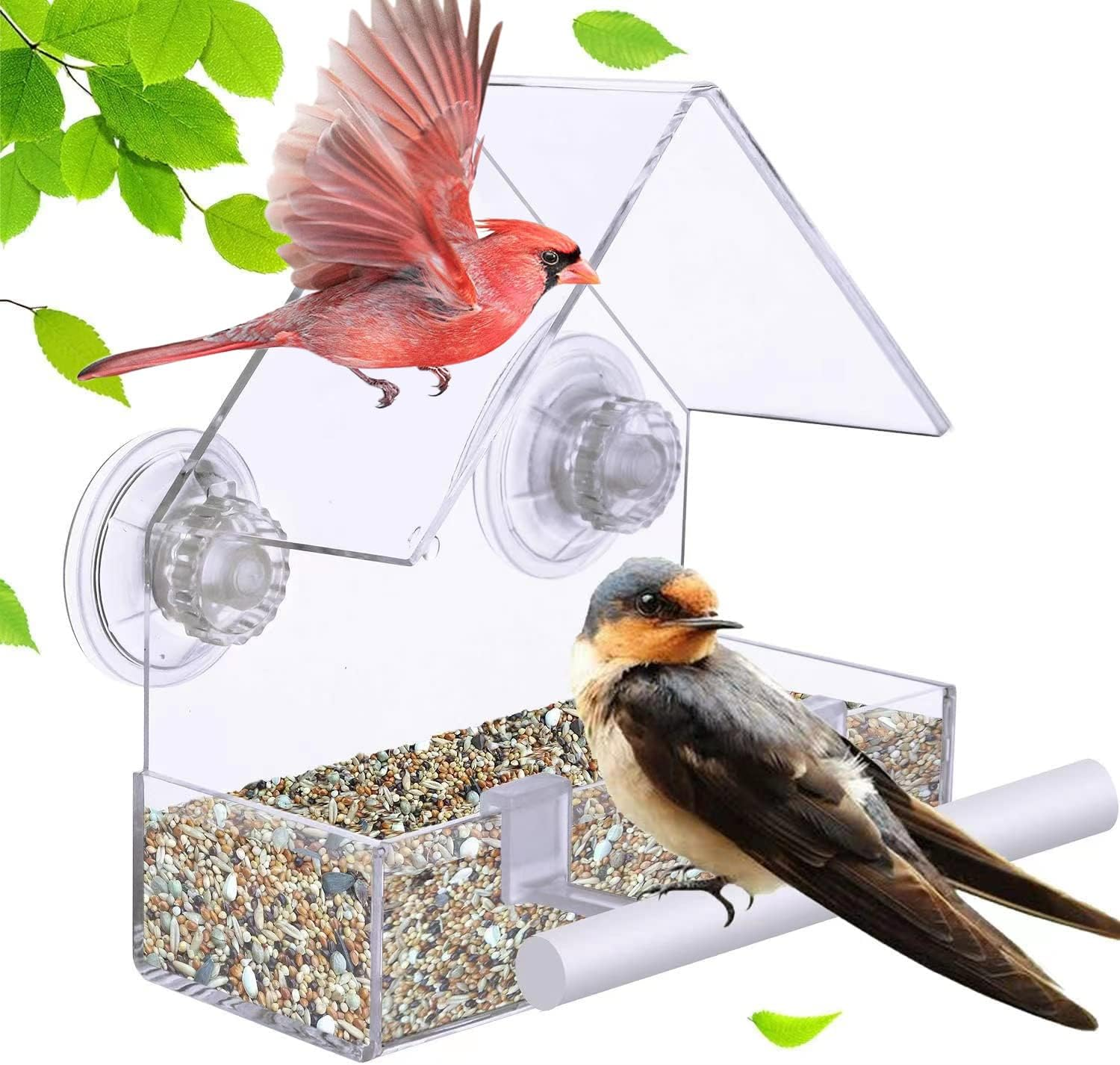 Extra Strong Suction Sups Window Bird Feeder with Drainage Holes. Windowsill Birdfeeders for Small Birds Only. LIANGPIN Acrylic Clear House Shape Design image number 4