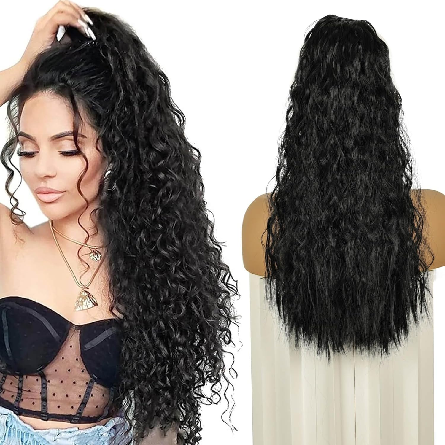 PHOCAS Drawstring Ponytail Extension,Long Wavy Ponytail Extension Black Synthetic Hairpiece Long Hair Extension for Women Daily Use (24Inch)