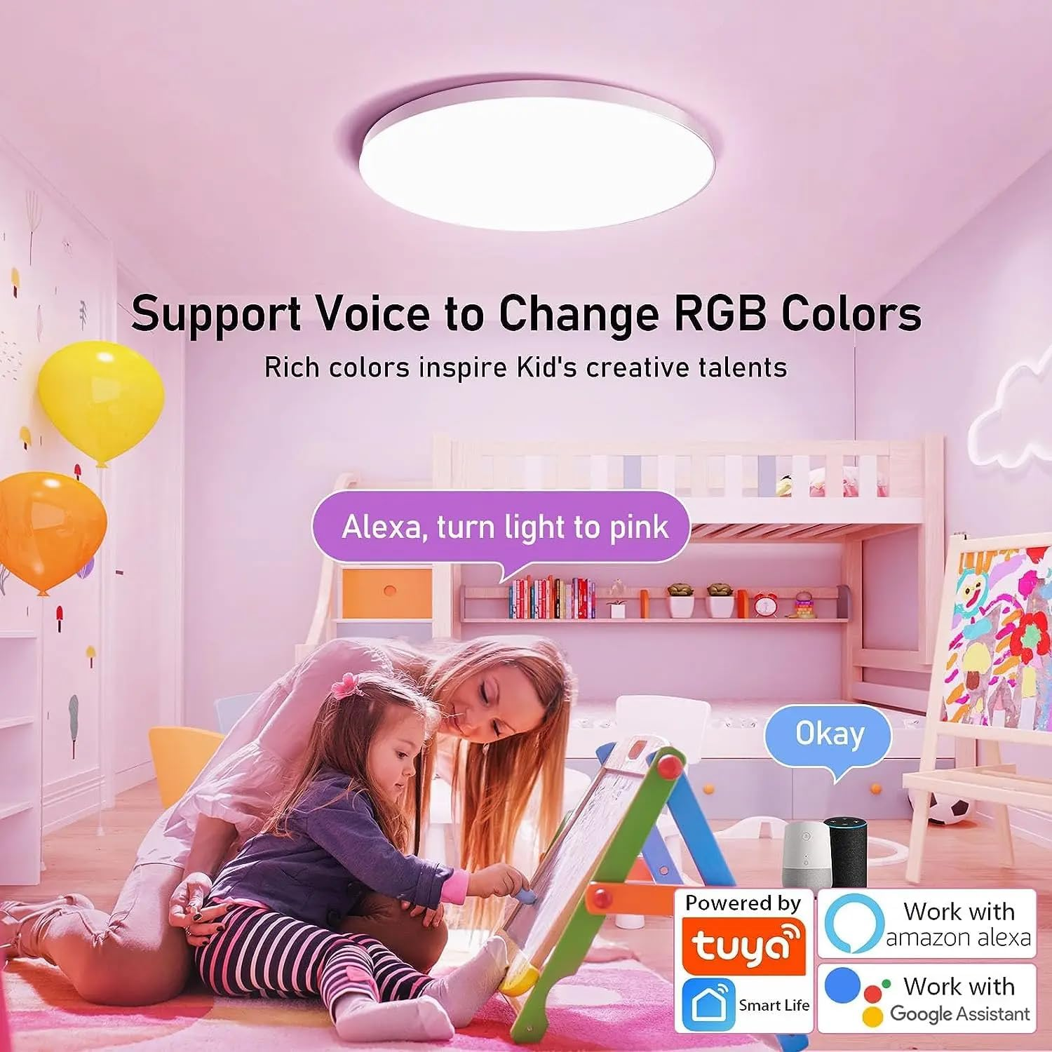 Smart Ceiling Light 24W 12" Flush Mount - Alexa & Google Home Compatible RGB LED Light with Music Sync, 16M Colors, Dimmable Wifi Ceiling Fixture for Bedroom, Kids Room image number 6