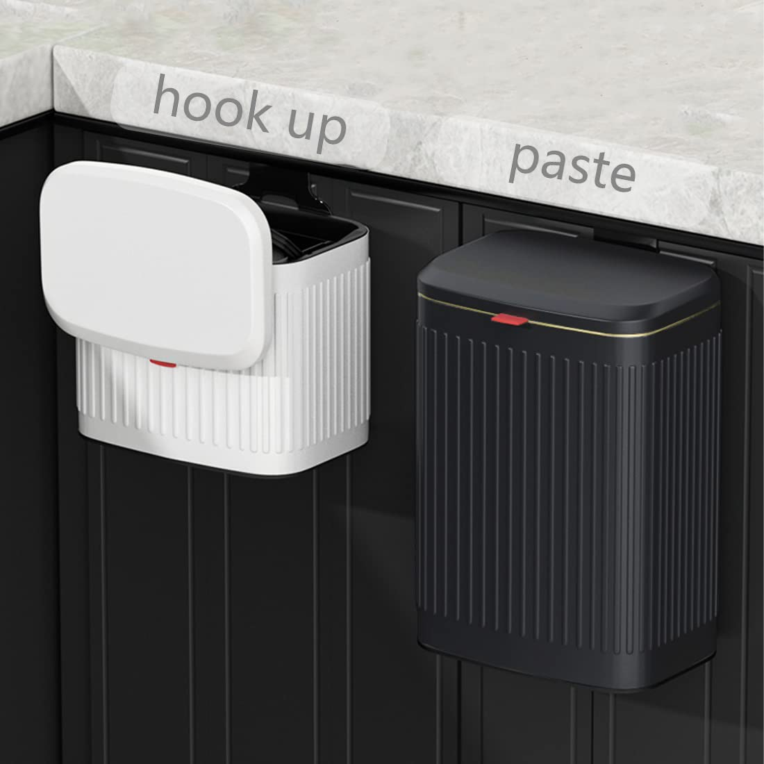 Hanging Trash Bin with Lid, 8 Liter Stainless Steel Garbage Can for Cupboard or under Sink, Wall Mounted Kitchen Compost Bin Wastebasket for Bedroom, Bathroom, Office(Black) - White image number 5