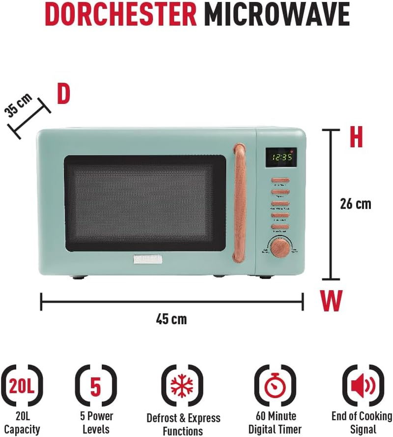 Haden Dorchester Green Microwave Oven - 20L 800W Microwave, Digital Controls, 5 Power Levels - Ideal Countertop Microwave with Wood Effect Finish, Small Kitchen Space