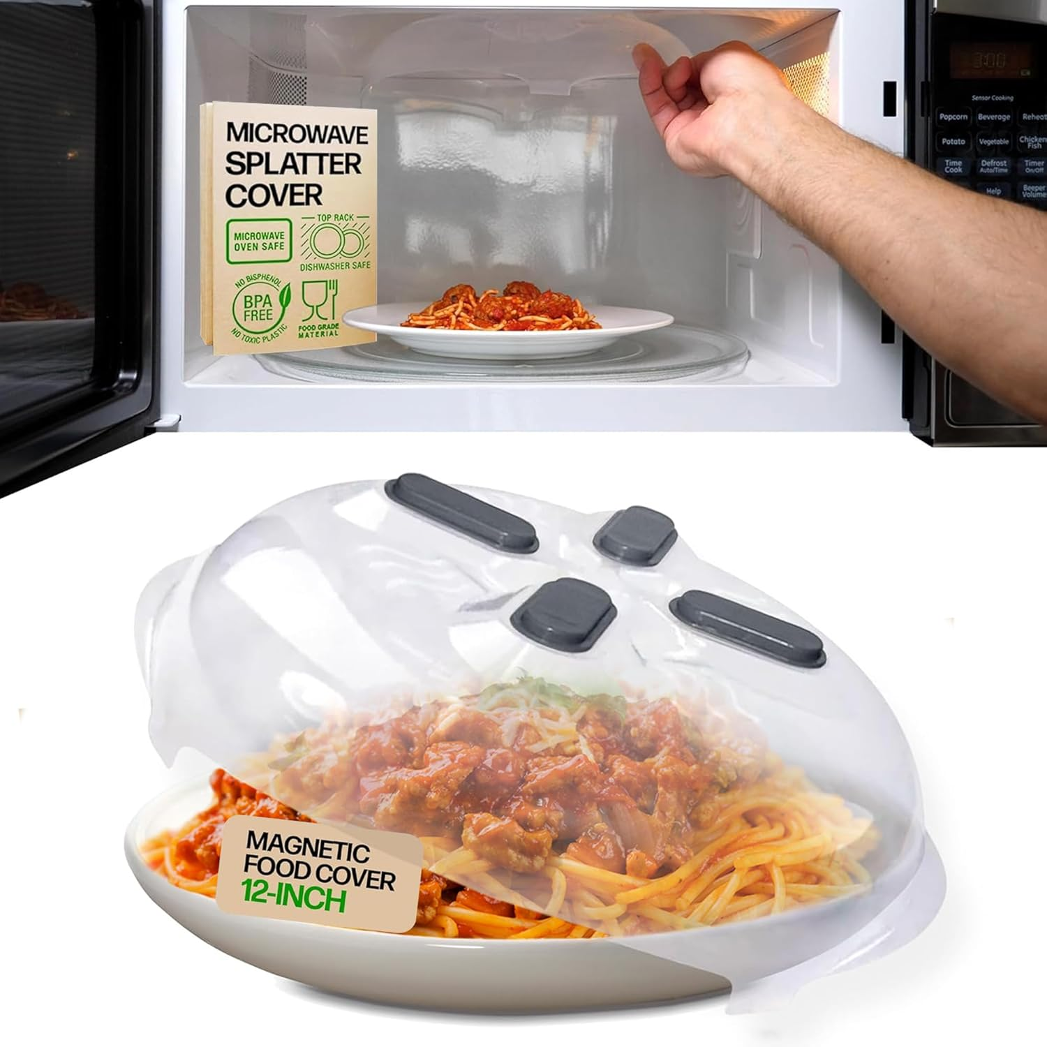 Hover Cover Magnetic Splatter Cover, 12-Inch Clear Bpa-Free Food Lid, Vented Plate Guard with Steam Vents, Anti-Splash Microwave Lid, Dishwasher Safe, Space-Saving Magnetic Storage - Graphite image number 1