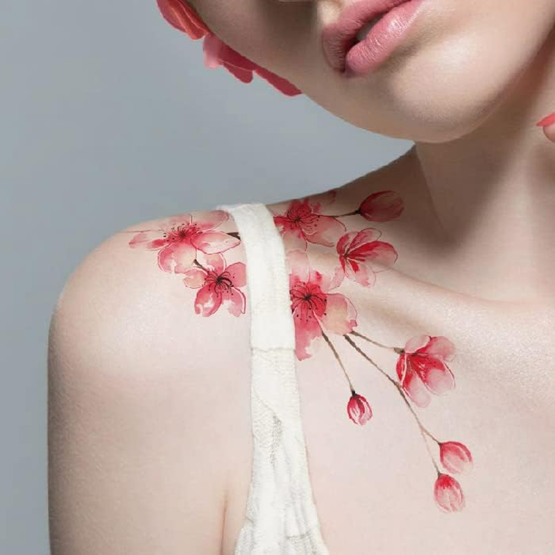 2 Pcs Japanese Cherry Blossom Temporary Tattoo Waterproof Clavicle Antique Flower Plum Blossom Peach Blossom Beautiful Small Fresh Simulation Tattoo image number 3