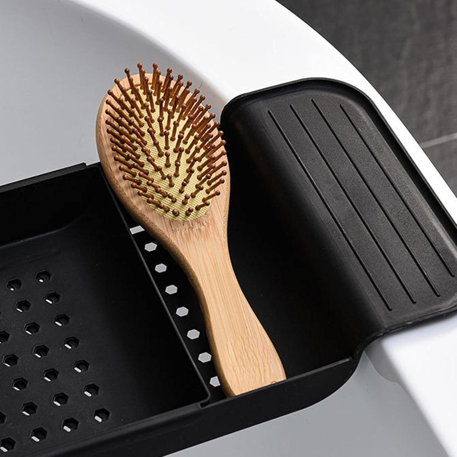 Bathroom Tub Tray, Bathtub Caddy Tray over Bath, Expandable Bath Caddy Tray, Adjustable Bathtub Caddy Tray, Extendable Bath Caddy Tray for Bathtub,Multifunction Bathtub Tray for Candle Towel Book Wine - Black image number 2