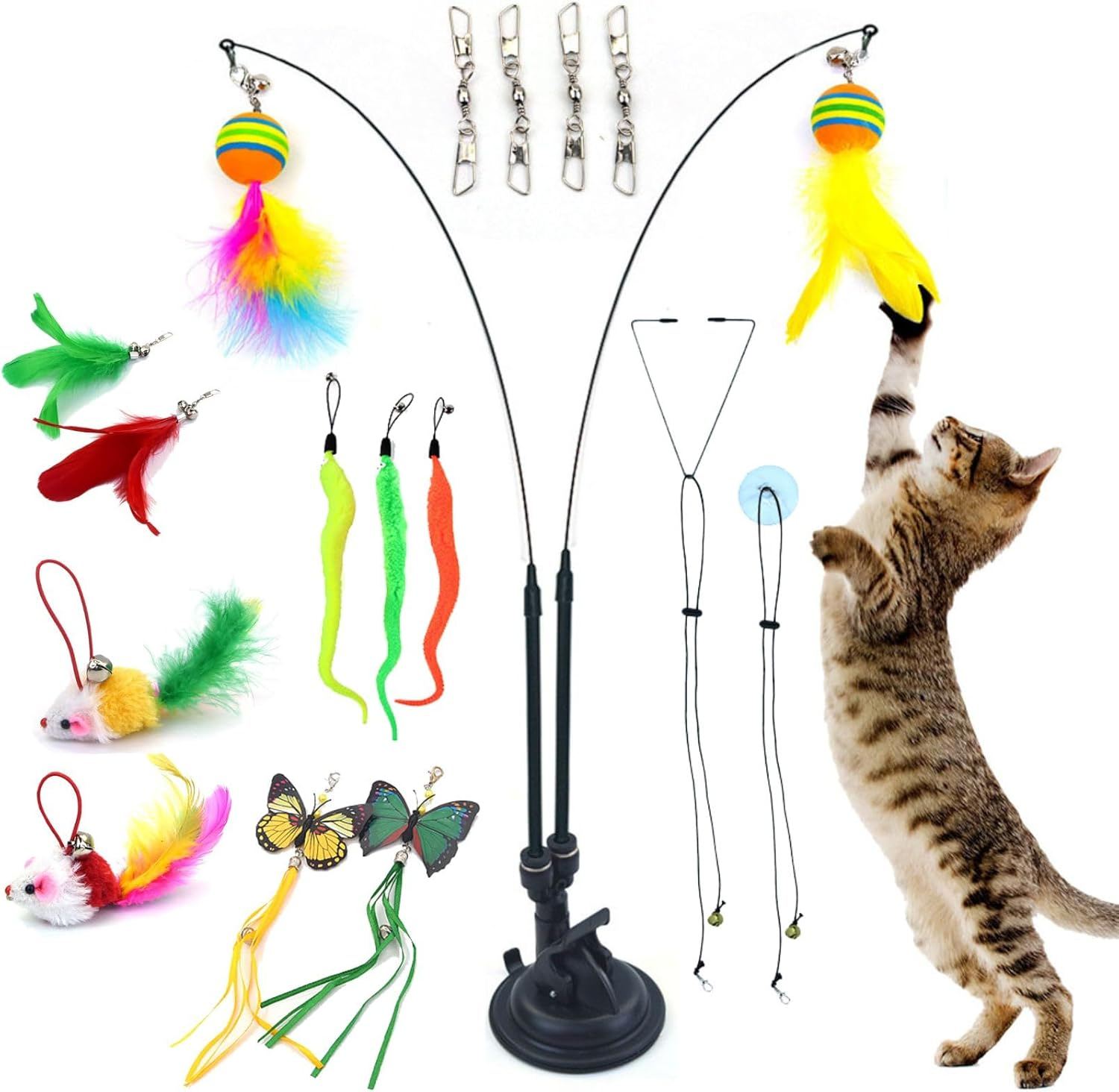20 Pack 4-In-1 Interactive Cat Feather Toys Set | 2 Wands, 1 Super Suction Cup & 11 Replacements (Feathers, Balls, Mice) | Door-Hanging Teaser Toys for Indoor Cats & Kittens - Exercise & Chase Play image number 3