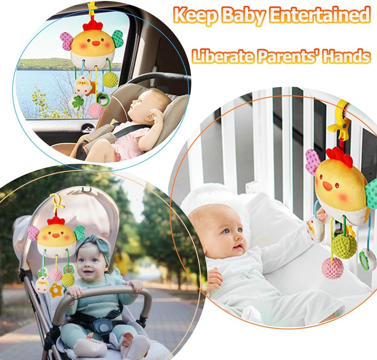 Baby Activity Hanging Toy, Soft Plush Chick Sensory Toys with Rattle ＆ Textures, Baby Stroller Toy, Toy for Car Seat and Crib, Early Educational Toys for Infant Boys and Girls image number 3