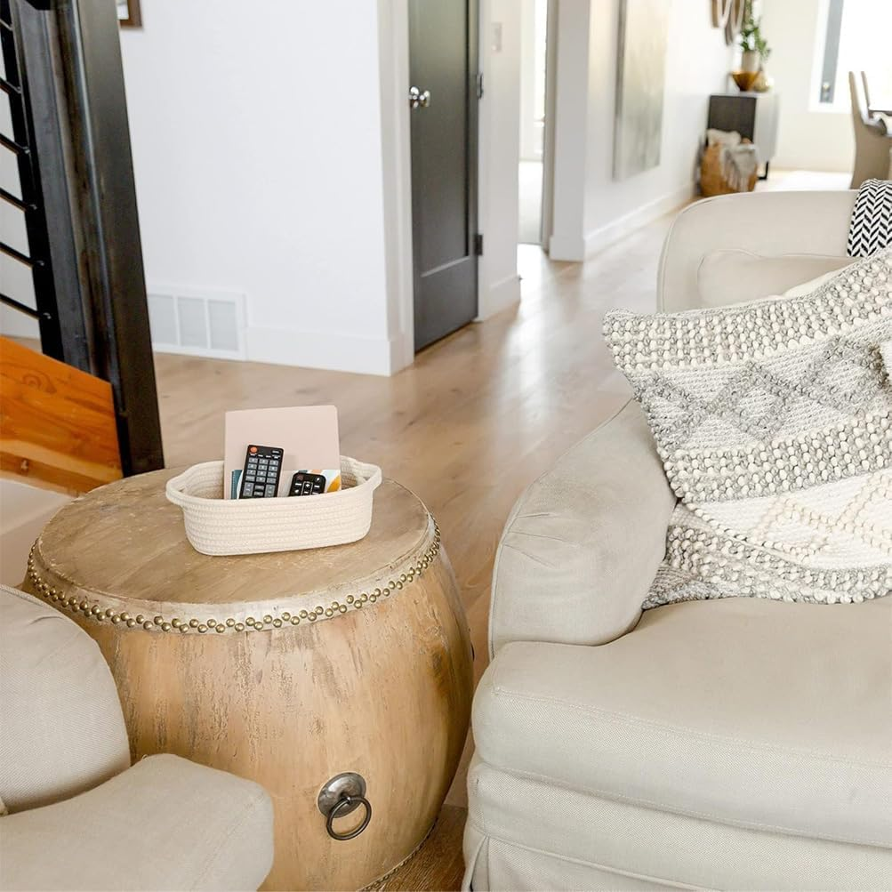 5Pcs Rectangle Storage Basket, Natural Cotton Rope Woven Baskets, Decorative Bins Woven Storage Basketry with Handle for Organizing Clothes Toy Pet Household Use Items image number 2