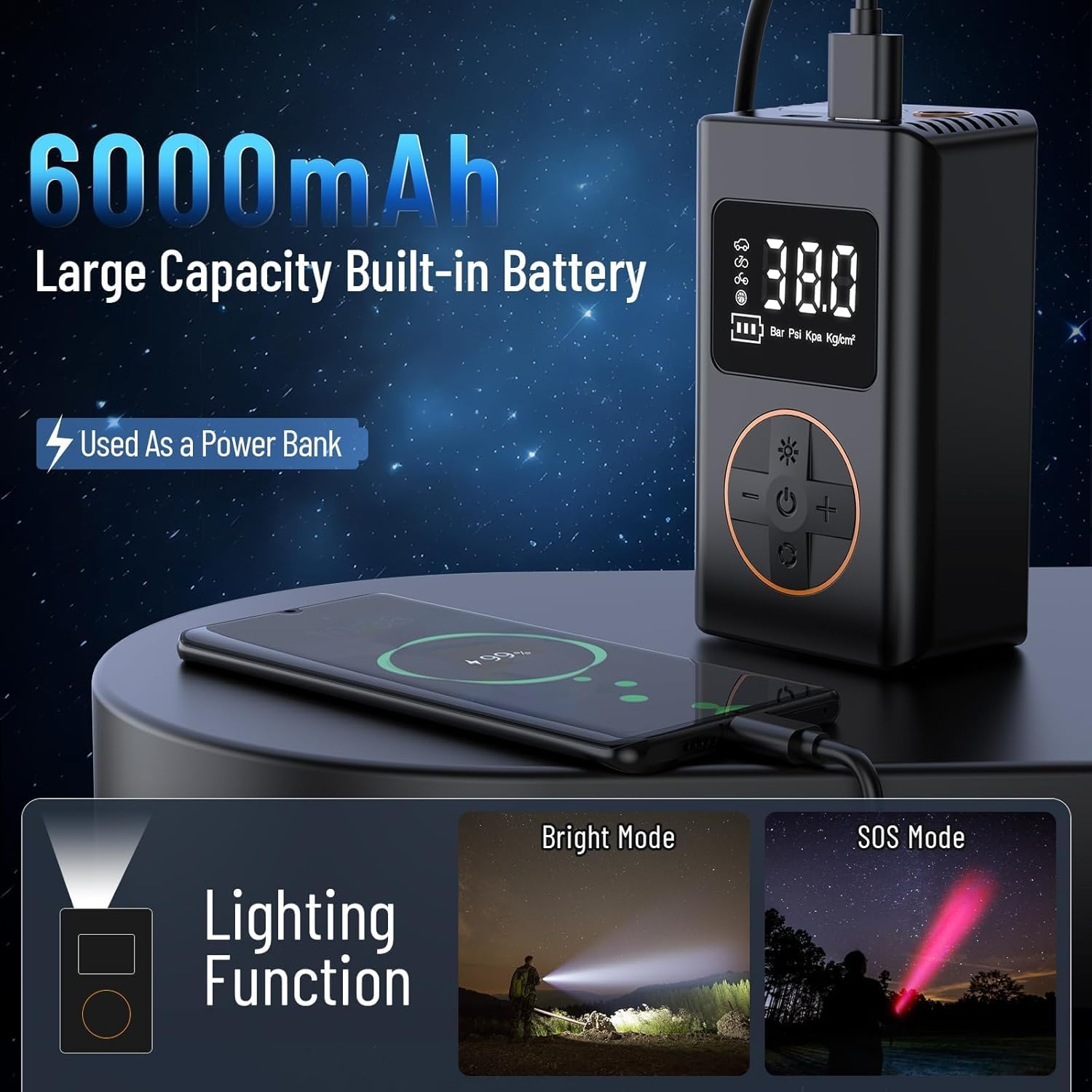 Tyre Inflator Portable Air Compressor,5 Mode Cordless Tyre Inflator 150PSI 6000Mah Rechargeable Power Bank Auto Shut-Off Digital Display Electric Air Pump W LED Light for Car, Motorcycle, Bike, Ball image number 2