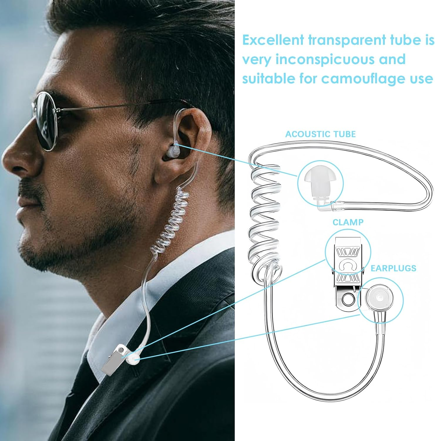 Earphones Sound Tube for Radios, Sound Tube Ear Insert, Bi-Directional Receiver, Transparent, Includes Retaining Clip and Earplugs, Suitable for Intercoms, One-Ear Headphones image number 1