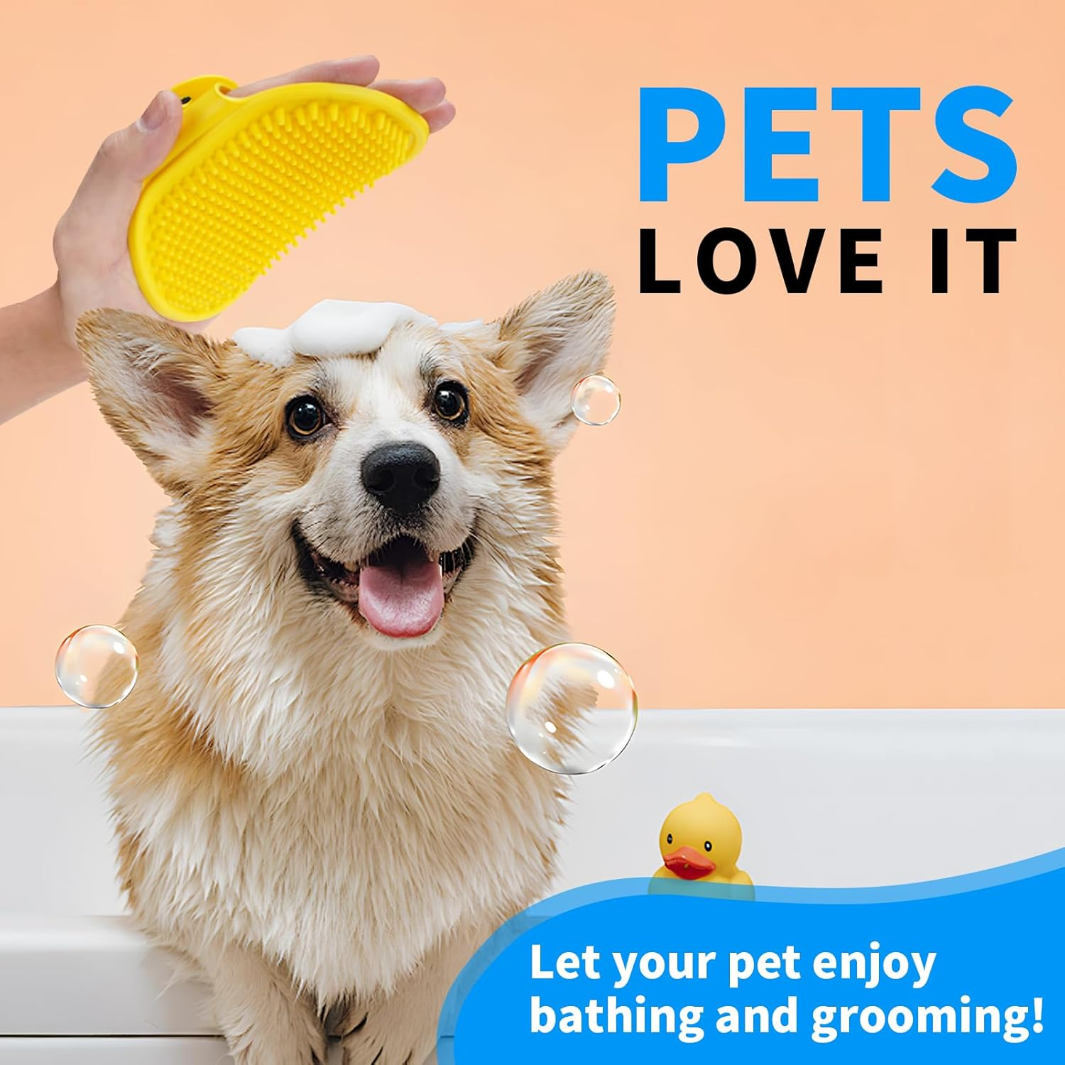 Dog Grooming Brush，Pet Shampoo Massage Bath Brush Comb with Adjustable Loop Handle for Grooming Short and Long Hair Cats and Dogs, 2Pcs(Tapered Brush Head, Blue+Yellow) image number 4