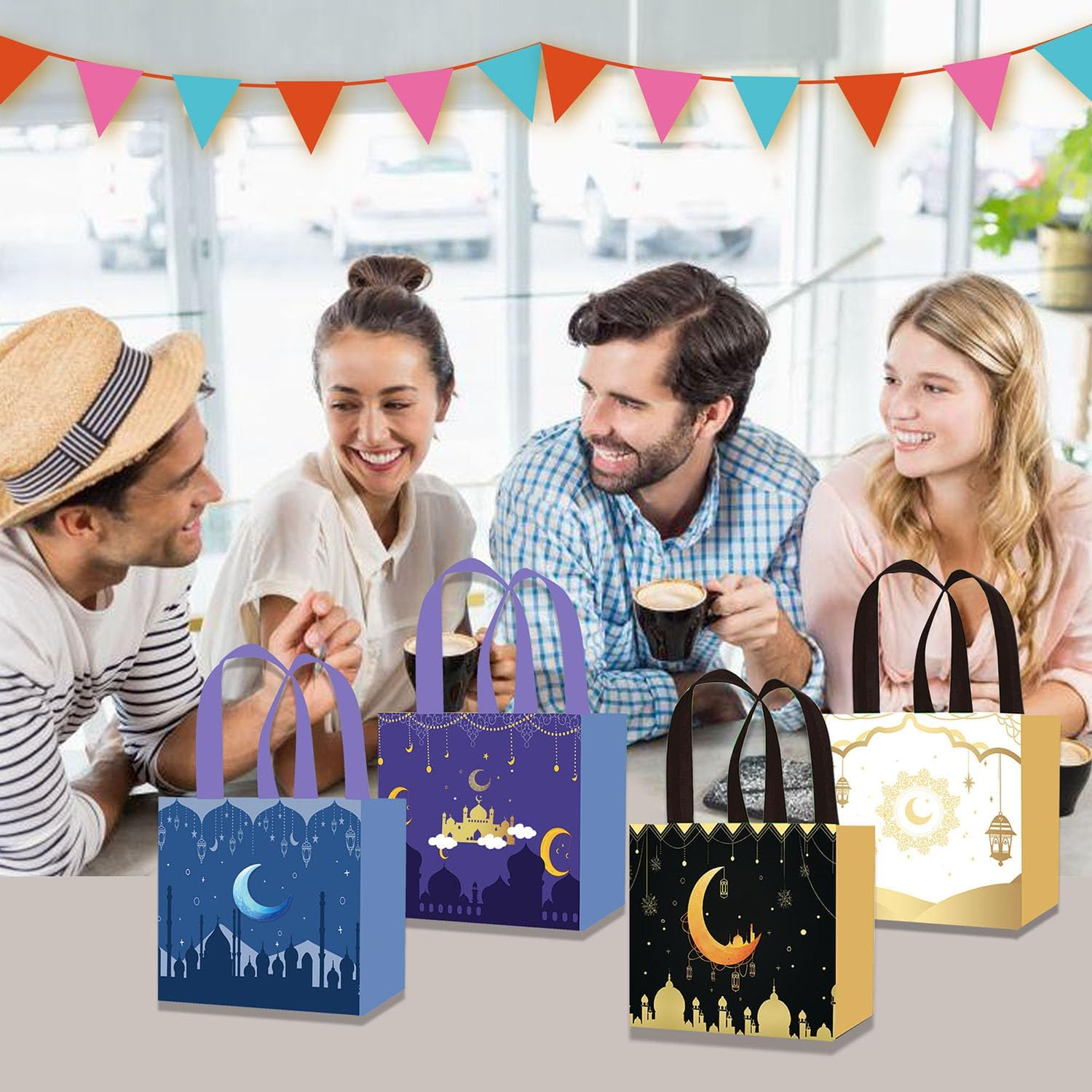 BEANPRECOY 8 Pcs Reusable Eid Mubarak Gift Bags, Ramadan/Eid Al-Adha Non-Woven Party Favors for Candy & Decor,20X20X15Cm Muslim Celebration Supplies Moon and Lantern Design,Black,White,Blue and Purple image number 1