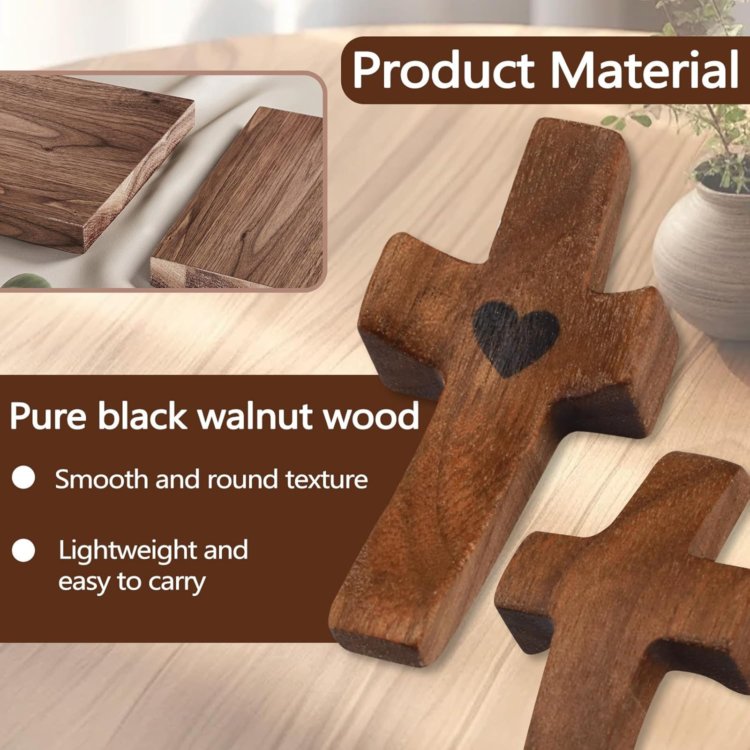 5 Pack Cross My Heart, Walnut Wooden Pocket Cross, 2" Small Carrying Prayer Cross for Hand Holding, Wood Comfort Palm Cross Religious Encouragement Present for Praying Clutching Clinging (5Pcs) image number 4