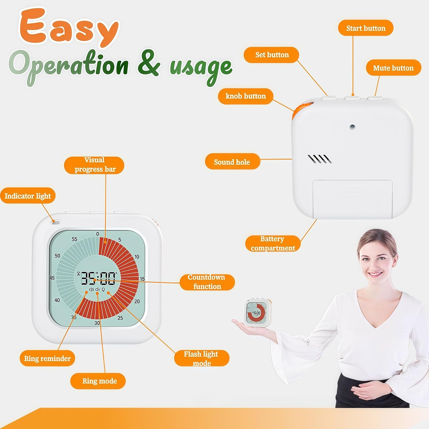 Visual Timer for Kids, 60-Minute Countdown Timer with LCD Display, Pomodoro Timer for Kitchen,Working,Classroom, Timer with Silent Mode for Autism/Adhd (White) image number 6