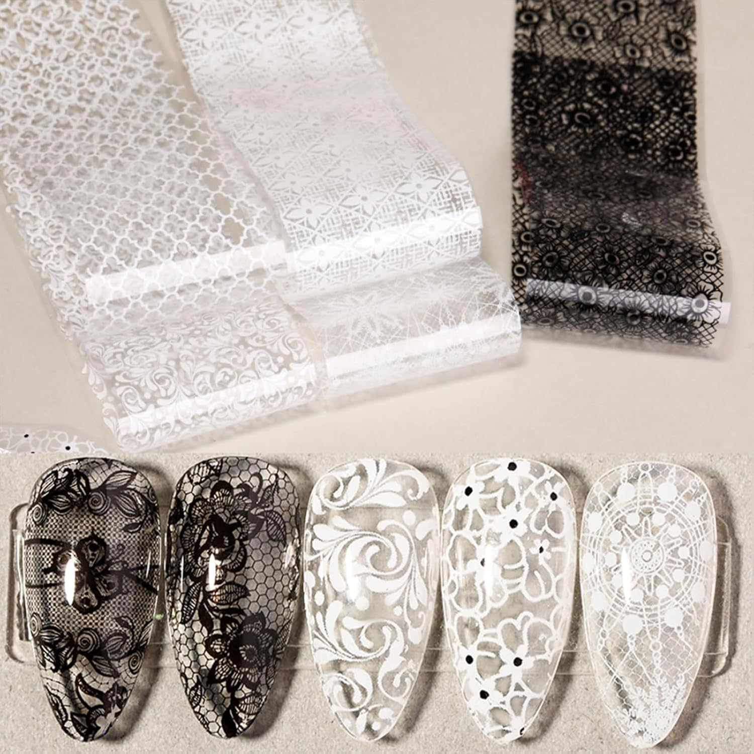 20 Rolls Lace Nail Foil White and Black Nail Transfer Foil Flower Nail Art Foils Decals Holographic Foils for Nails Manicure Stickers for DIY Acrylic Nails Decoration image number 3