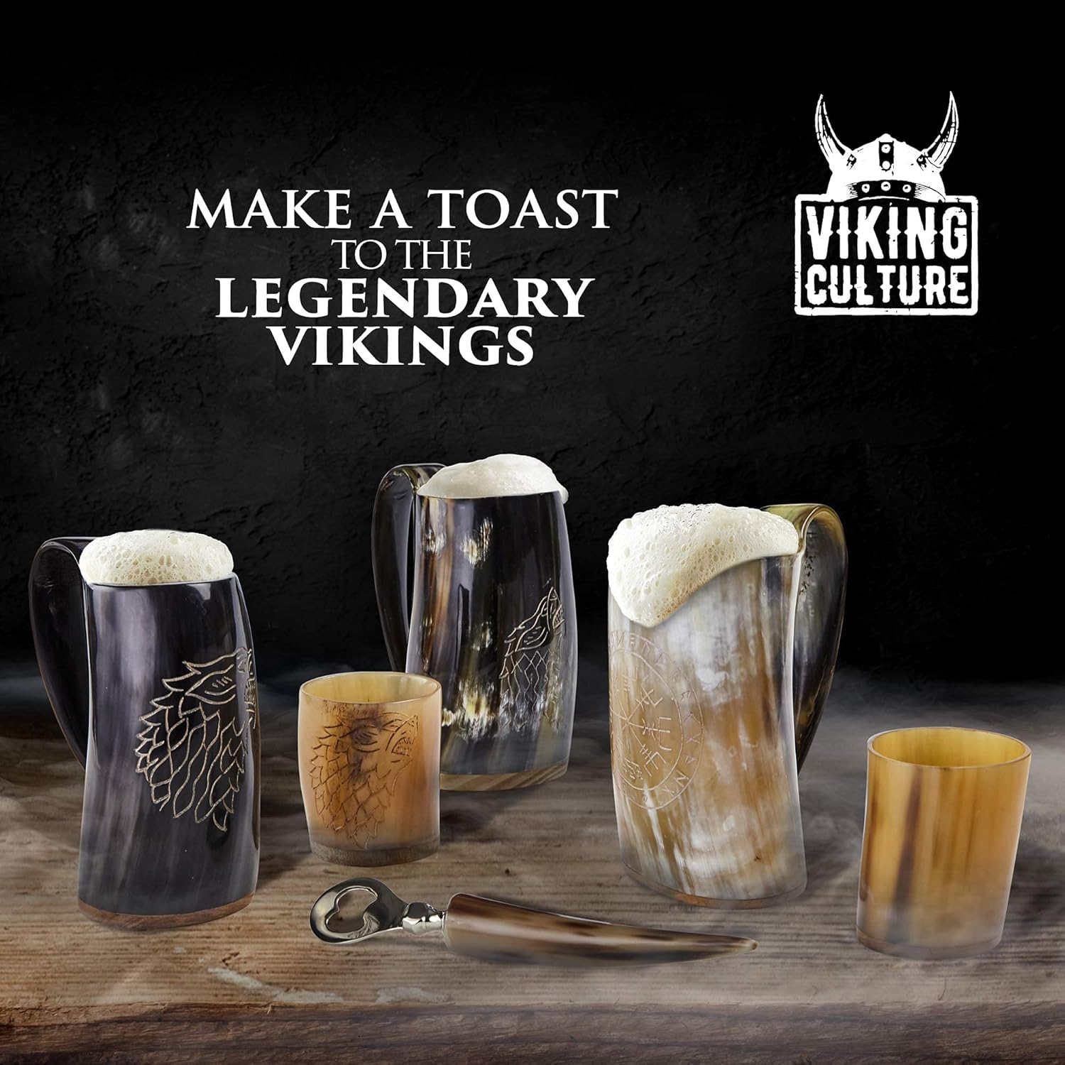 Viking Culture Ox Horn Mug, Shot Glass, and Bottle Opener (3 Pc. Set) Authentic 16-Oz. Ale, Mead, and Beer Tankard | Vintage Stein with Handle | Custom Intricate Design - Natural Finish - Natural | Direwolf/Fenrir image number 5