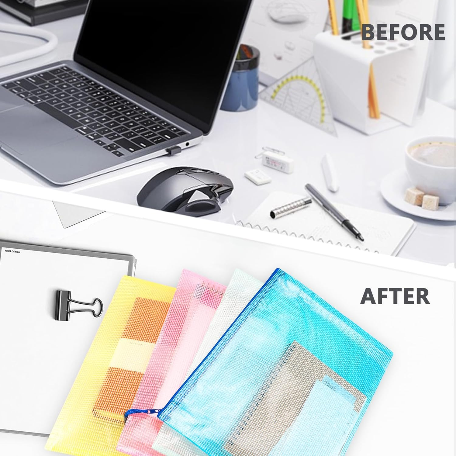 ZTOWOTO 5 PCS Mesh Zipper Pouch Bags,A4 Zipper Pouch Zipper Bags,Waterproof Mesh Zipper Bags,Zipper Mesh Pouch Ideal for School Office Home Work Office Supplies Travel Organization (5 Color)