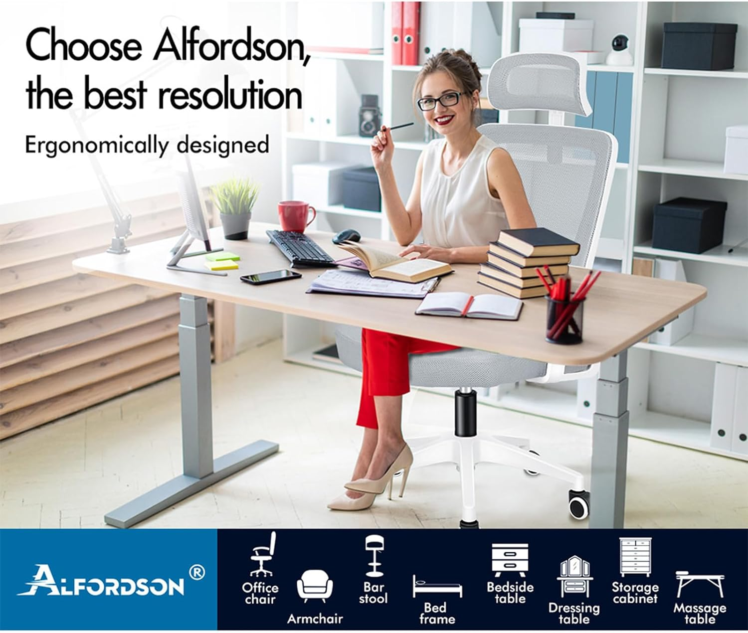 ALFORDSON Mesh Ergonomic Office Chair with Adjustable Headrest & Flip-Up Armrest, Tilting Executive Computer Desk Chair with SGS Listed Gas-Lift, Swivel Gaming Chair(Arco White Grey) image number 1