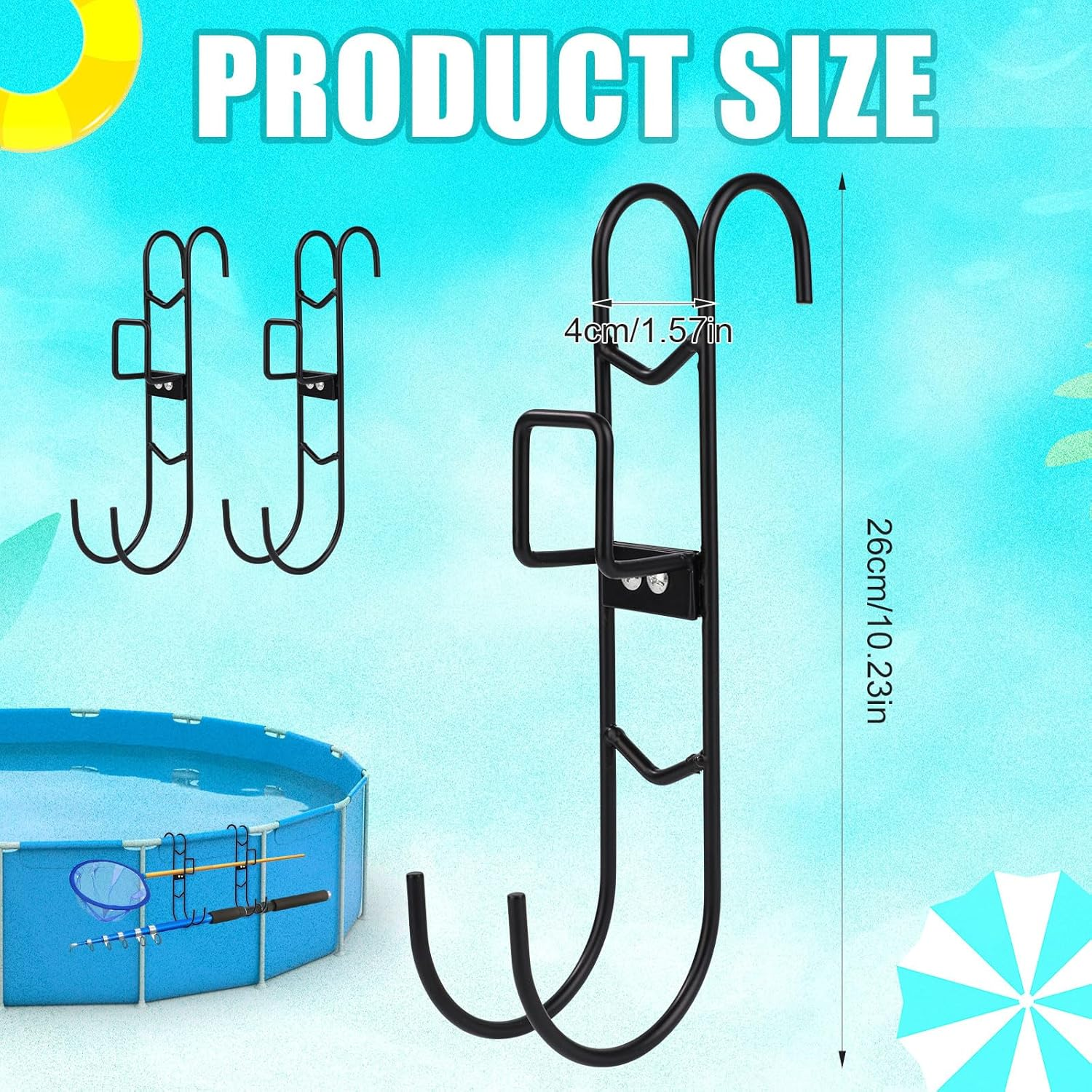 2 Sets Poolside Hanging Hooks, 2 Usages Pool Rack Hooks with Detachable Pool Fence Double Hook Design No Drilling Required Waterproof Pool Pole Hangers for Skimmers Brushes Nets Accessories image number 5