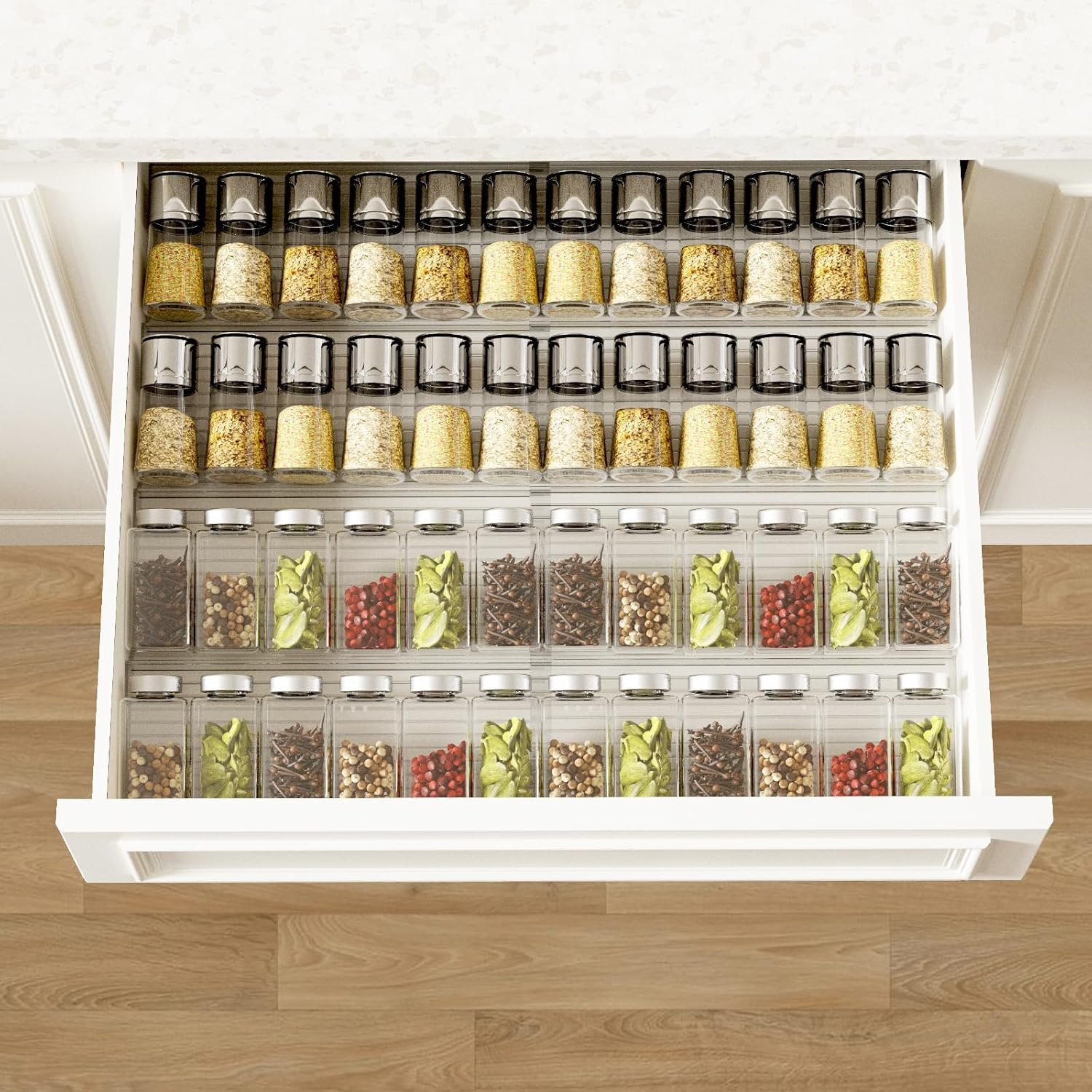 AVITONG Clear Acrylic Expandable Spice Rack for Drawers &ndash; 4 Pack Seasoning Organiser Holds 48 Jars, Fits Drawers from 28&ndash;56Cm Wide (Jars Not Included) image number 4