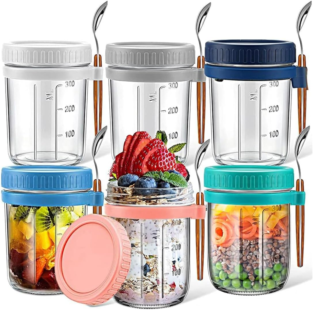 Glass Mason Overnight Oats Container Jars, Airtight Oatmeal Container with Lids and Spoons, Multi-Purpose 12Oz Overnight Oats Jar Cereal, Fruit, Yogurt Containers with Measurement Marks (6Pcs) image number 1