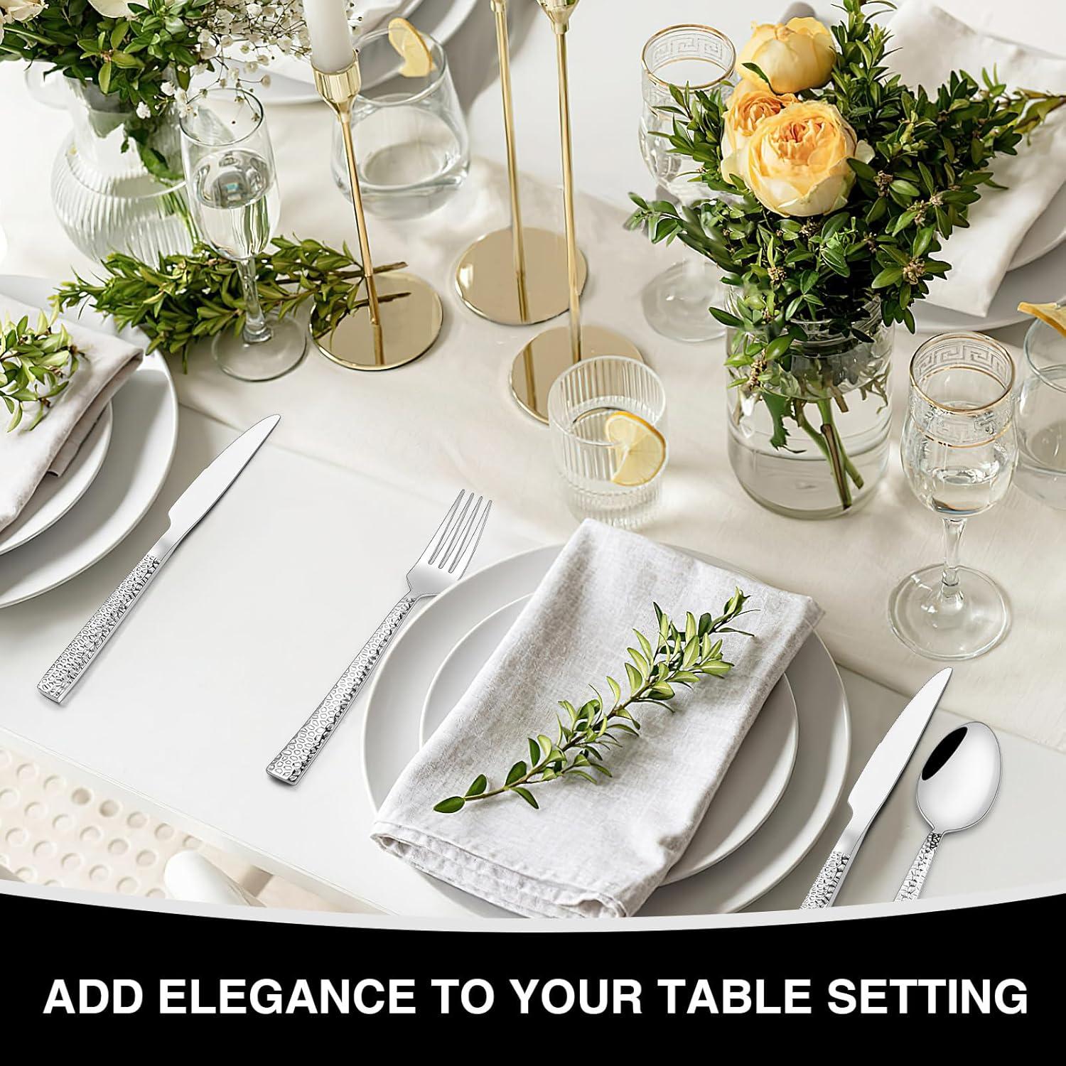 Hammered Silverware Set, 40-Piece Stainless Steel Square Flatware Set for 8, Food-Grade Tableware Cutlery Set, Utensil Sets for Home Restaurant, Mirror Finish, Dishwasher Safe image number 1