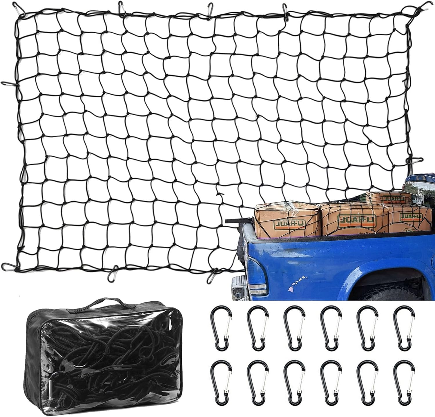 Amiss 3' X4' Stretches to 6' X 8' Truck Cargo Net, Roof Rack Cargo Net for Pickup Trucks SUV, Heavy Duty Truck Bed Cargo Bungee Net with 12 Blue Clips and Storage Bag， Car Exterior Accessories image number 5