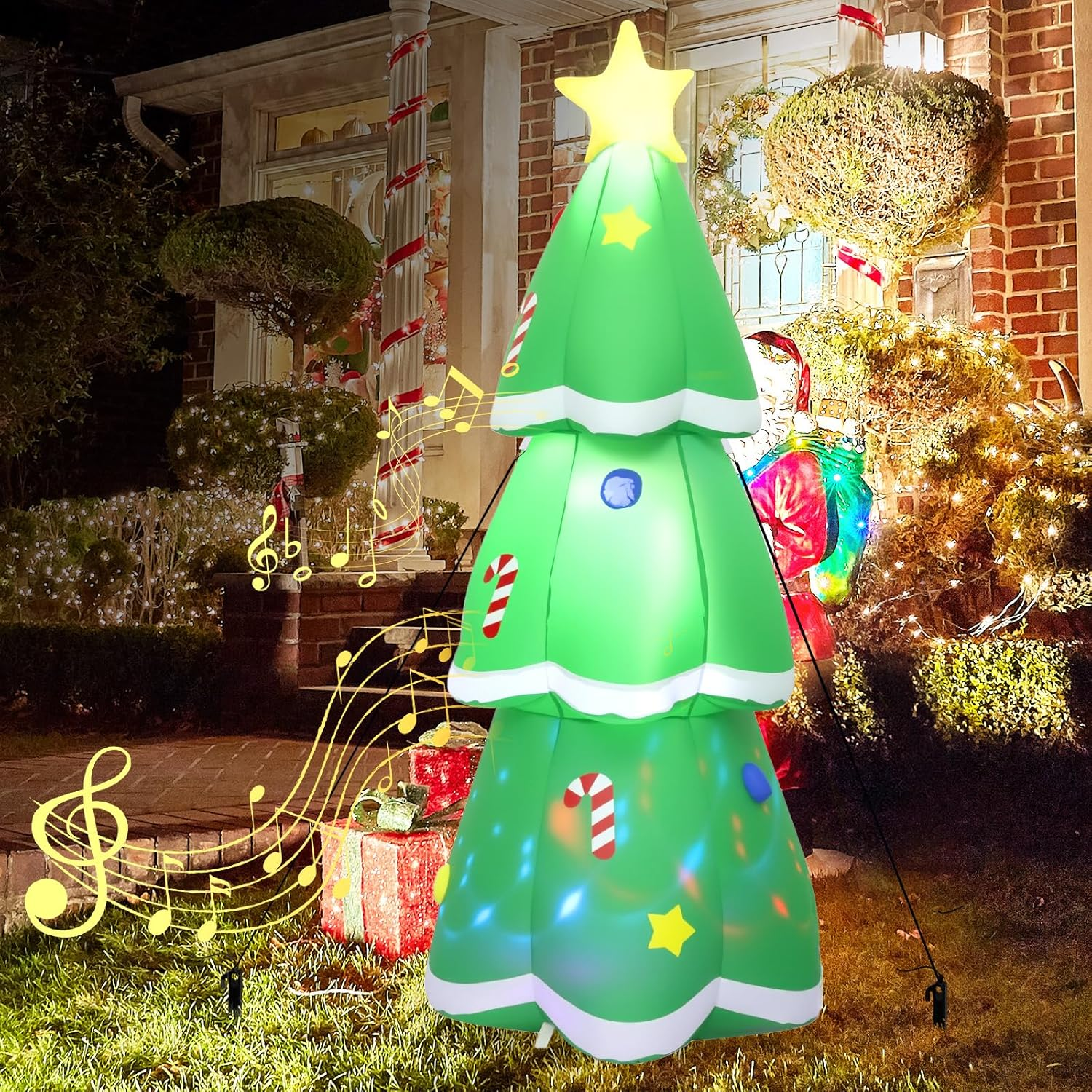 Santaco Christmas Inflatable Xmas Blow up Tree Decoration Built-In Fan, 7-Color Flashing LED Lights & Music,Lighted Star Treetop,For Holiday Party Gifts, Yard, Backyard, Home Garden Decor, 150CM image number 2