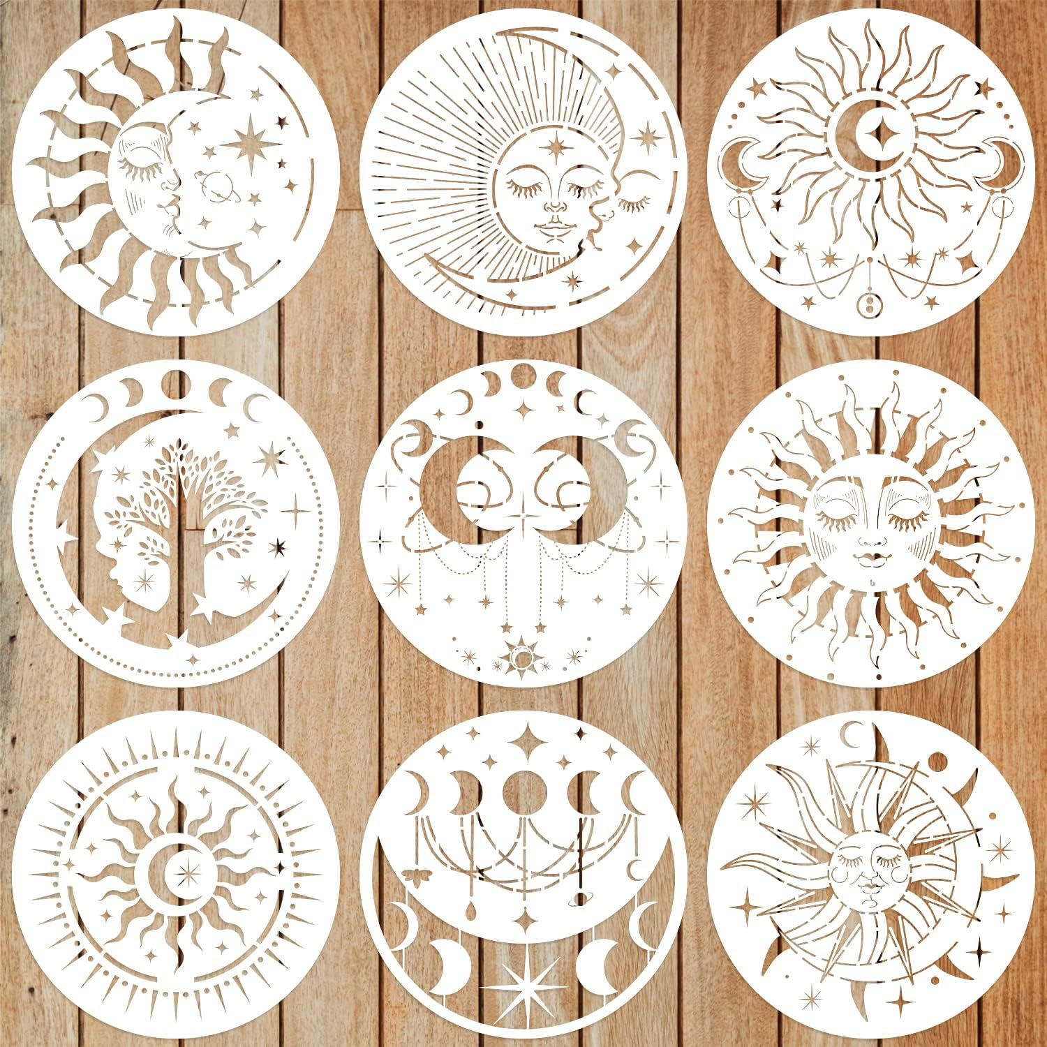 9Pcs Mandala Sun and Moon Stencil, Star Sun and Moon Stencils Reusable Mandala Sun Stencils Decoration Moon Template for Painting Crafts Wood Wall Furniture Home Decor image number 4