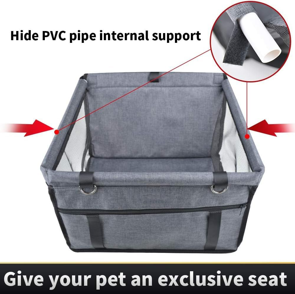 Pet Reinforce Car Booster Seat for Dog Cat Portable and Breathable Bag with Seat Belt Dog Carrier Safety Stable for Travel Look Out,With Clip on Leash with PVC Tube (Black Grey, Small) image number 5
