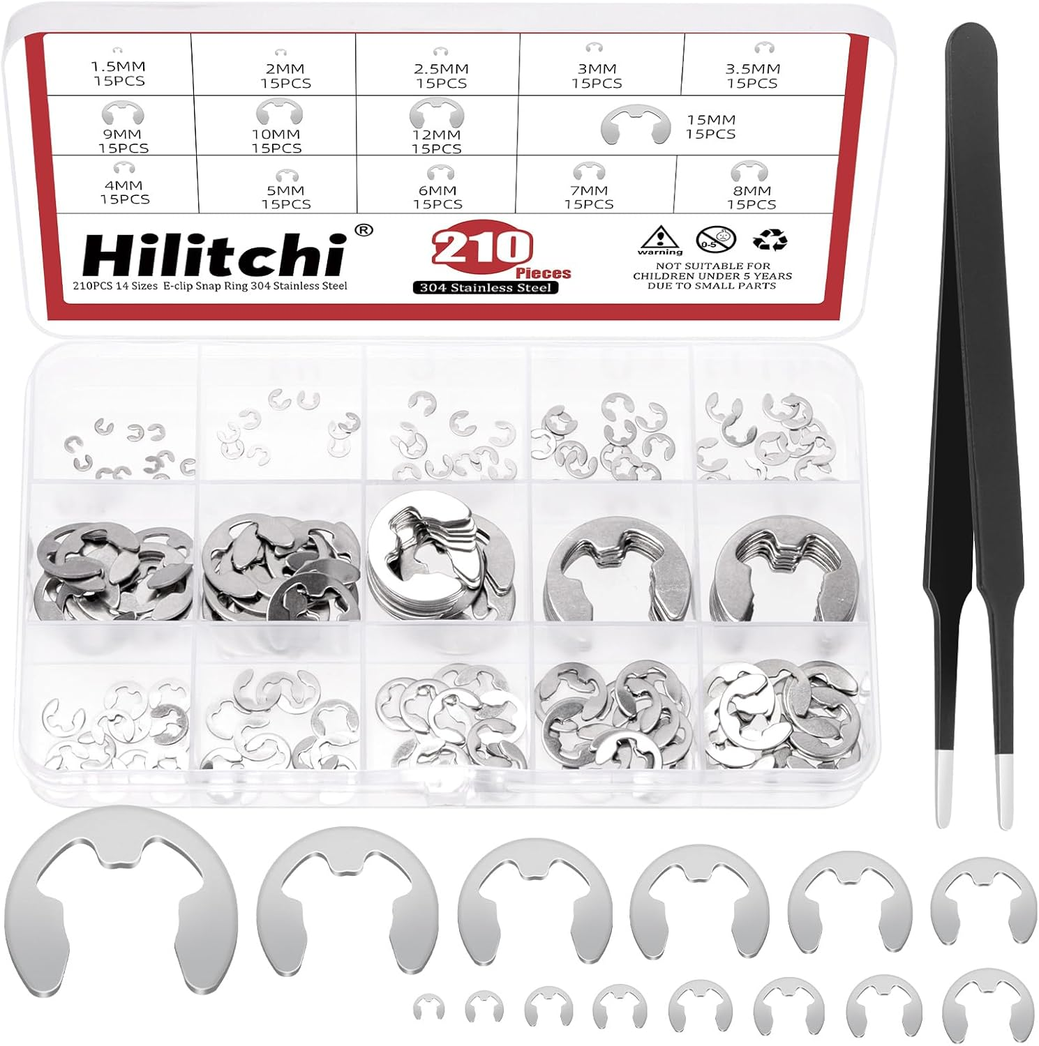 Hilitchi 211Pcs 14 Sizes 304 Stainless Steel E Clip Assortment Kit External Retaining Ring Snap Ring E-Clip Circlip Split Ring with Tweezer for Machine Shaft Electrical Automobiles