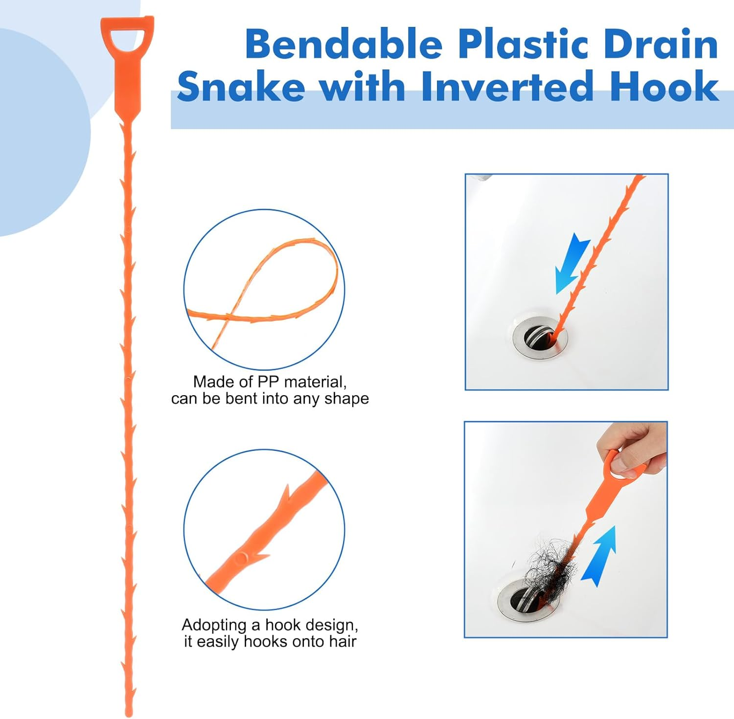 Cozary Pack of 4 Drain Cleaner Spiral, Double Head Pipe Cleaning Brush, Stainless Steel Duct Cleaner, with Pipe Cleaner, Drain Brush and Flexible, Drain Brush, for Drain in Kitchen and Shower image number 5