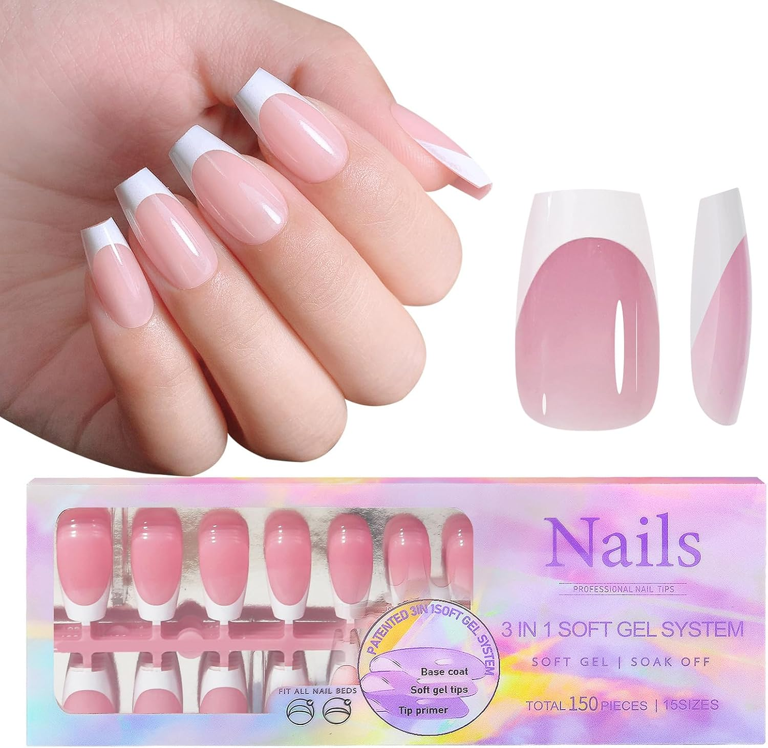 Nail Tips Set, 150 PCS Full Cover French Ballerina Fake Nails, Soft Gel Soak off Tips for Acrylic Nails Art, Salons and Home DIY, 019 image number 2