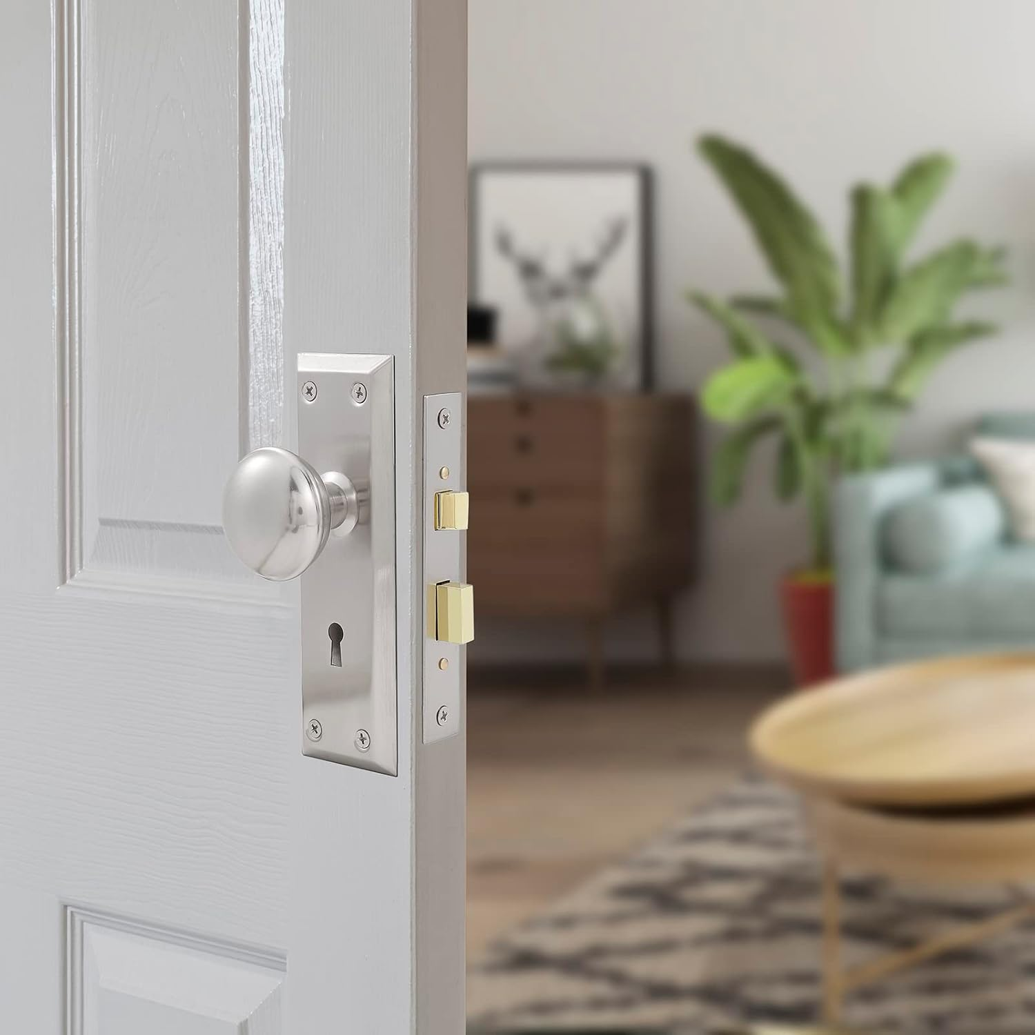 Newliplace Mortise Lock Set for Interior Door, Vintage Door Knob with Lock and Skeleton Key, Antique Door Knobs Brushed Nickel Finish image number 3