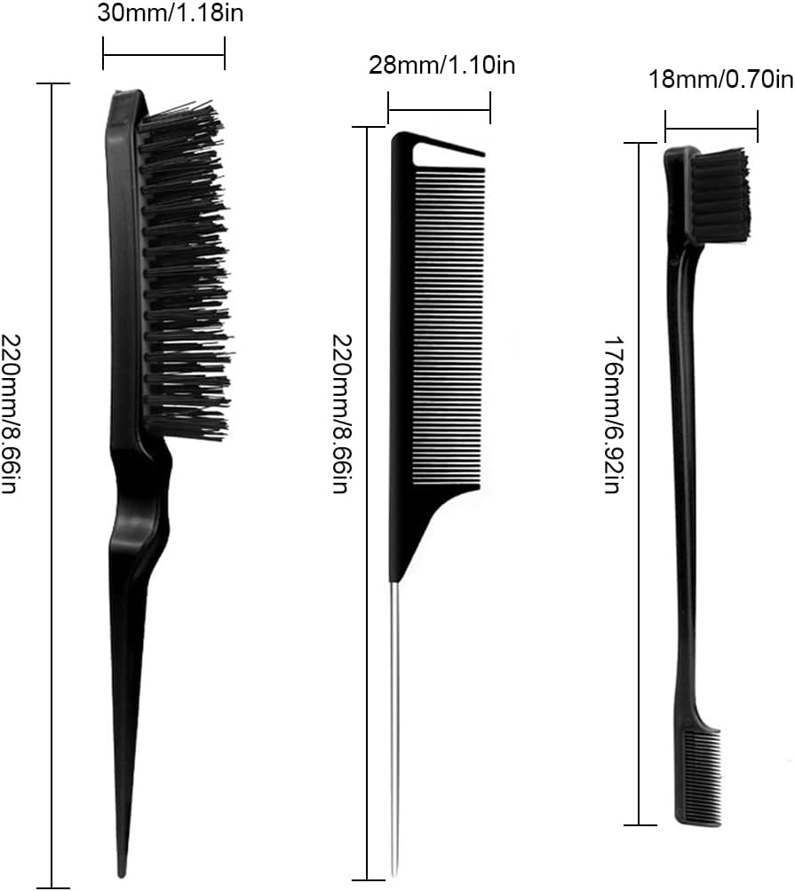JRYXDS Sleek Bun Brush Set Double Edge Brush Rat Tail Comb Bristles Haircut Hair Comb for Hairdresser Women Baby Children (Black) image number 5