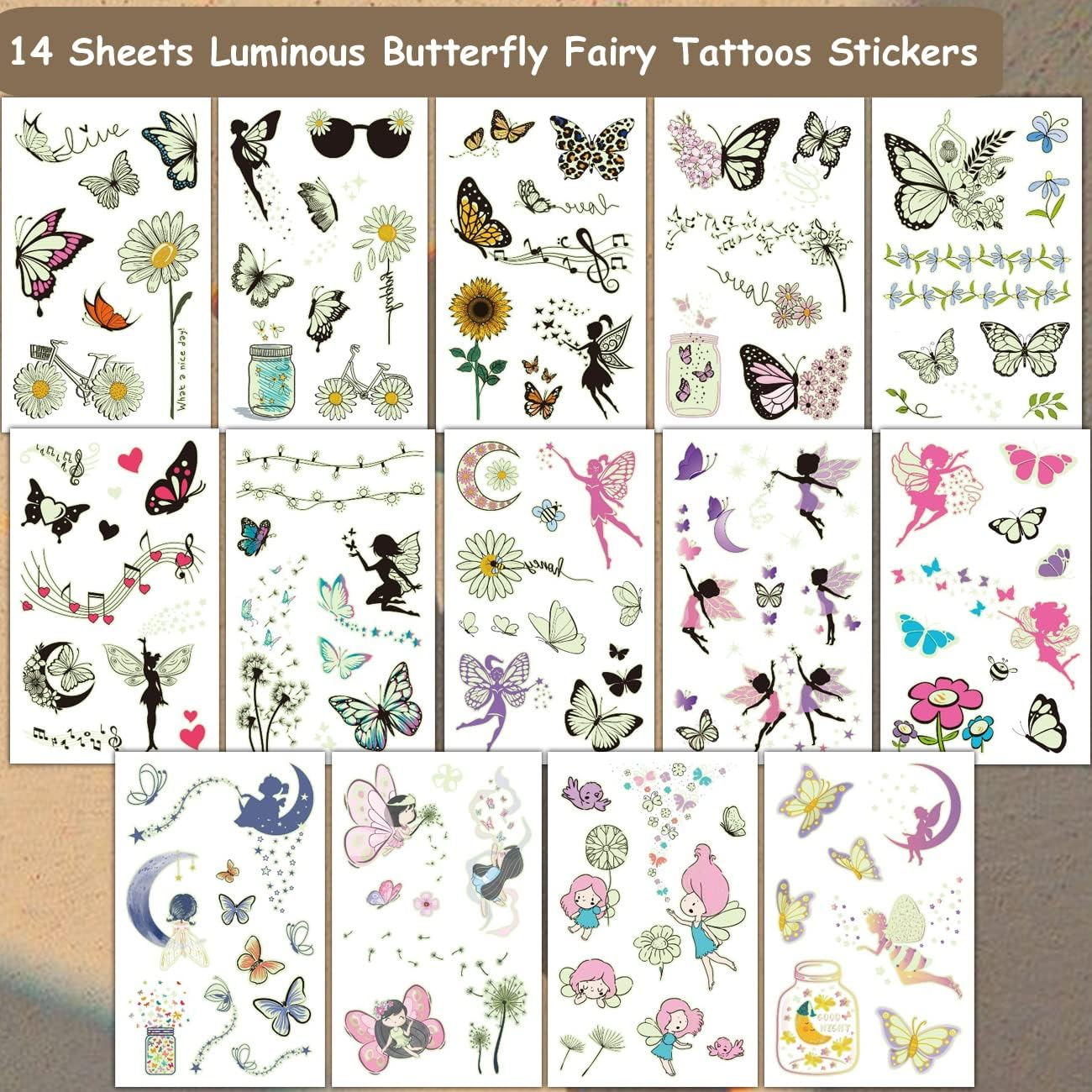 CHARLENT Luminous Butterfly Tattoos for Kids - 14 Sheets Glow in the Dark Butterfly Fairy Temporary Tattoos for Girls Birthday Party Favors Goodie Bag Fillers image number 5