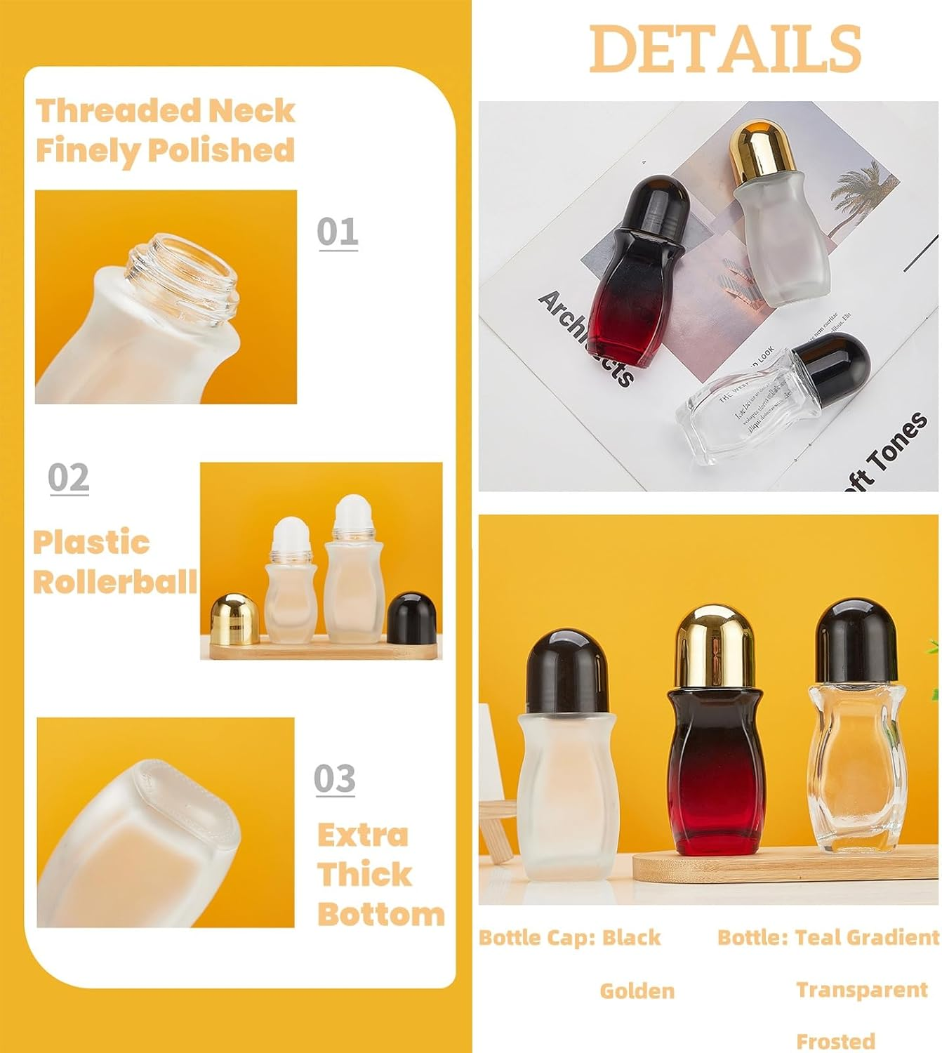 2Pcs 50Ml Glass Roller Bottles Large Empty Roller Ball Bottle Leak Proof Refillable Rollerball Bottles for Perfume Essential Oils Deodorant image number 3