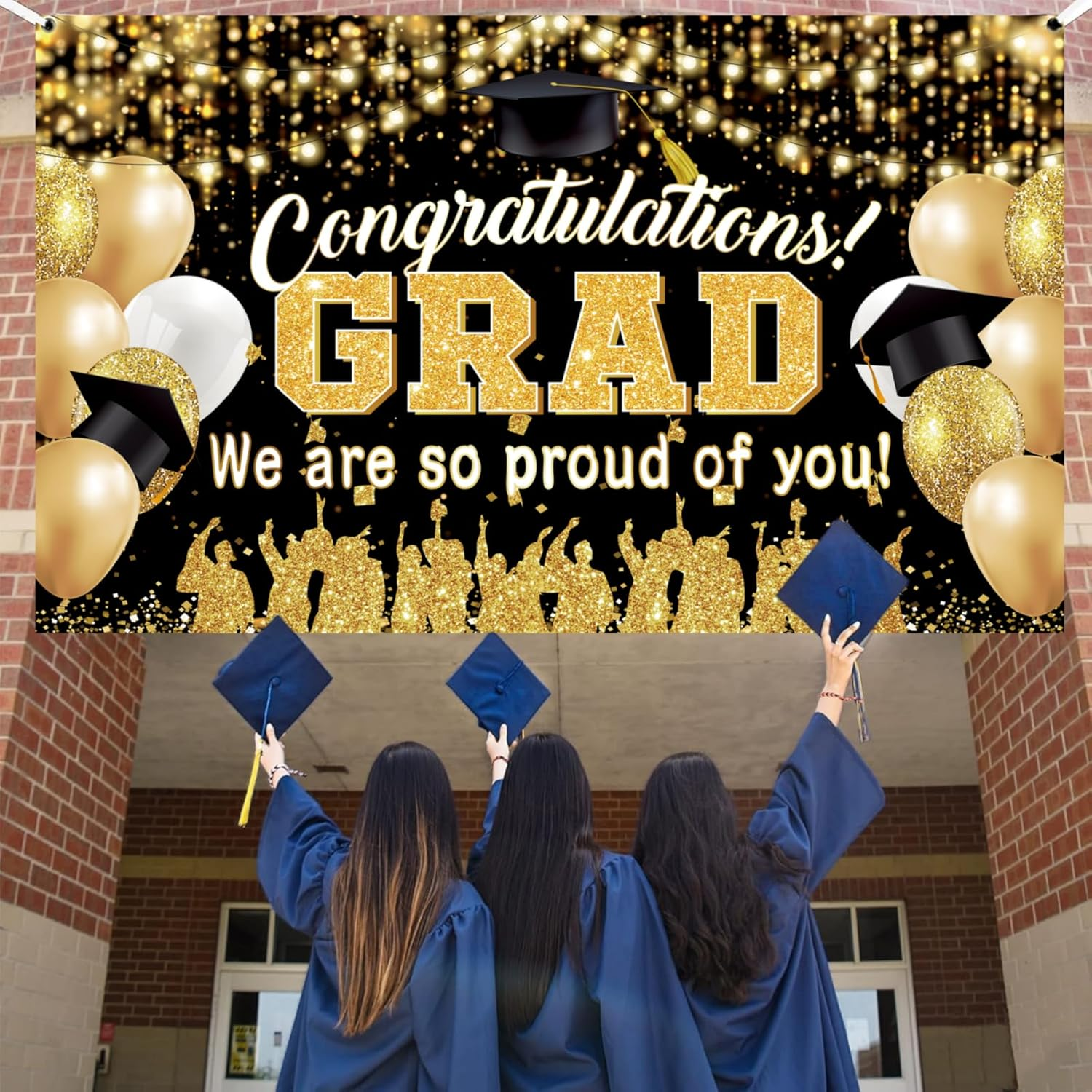 Yuanbigtai Graduation Background Banner 78" X 45" Extra Large and Black Gold Backdrop Congrats Grad We Are Proud of You Cap Diploma Party Decorations Supplies for Indoor Outdoor Photo Booth Props image number 1