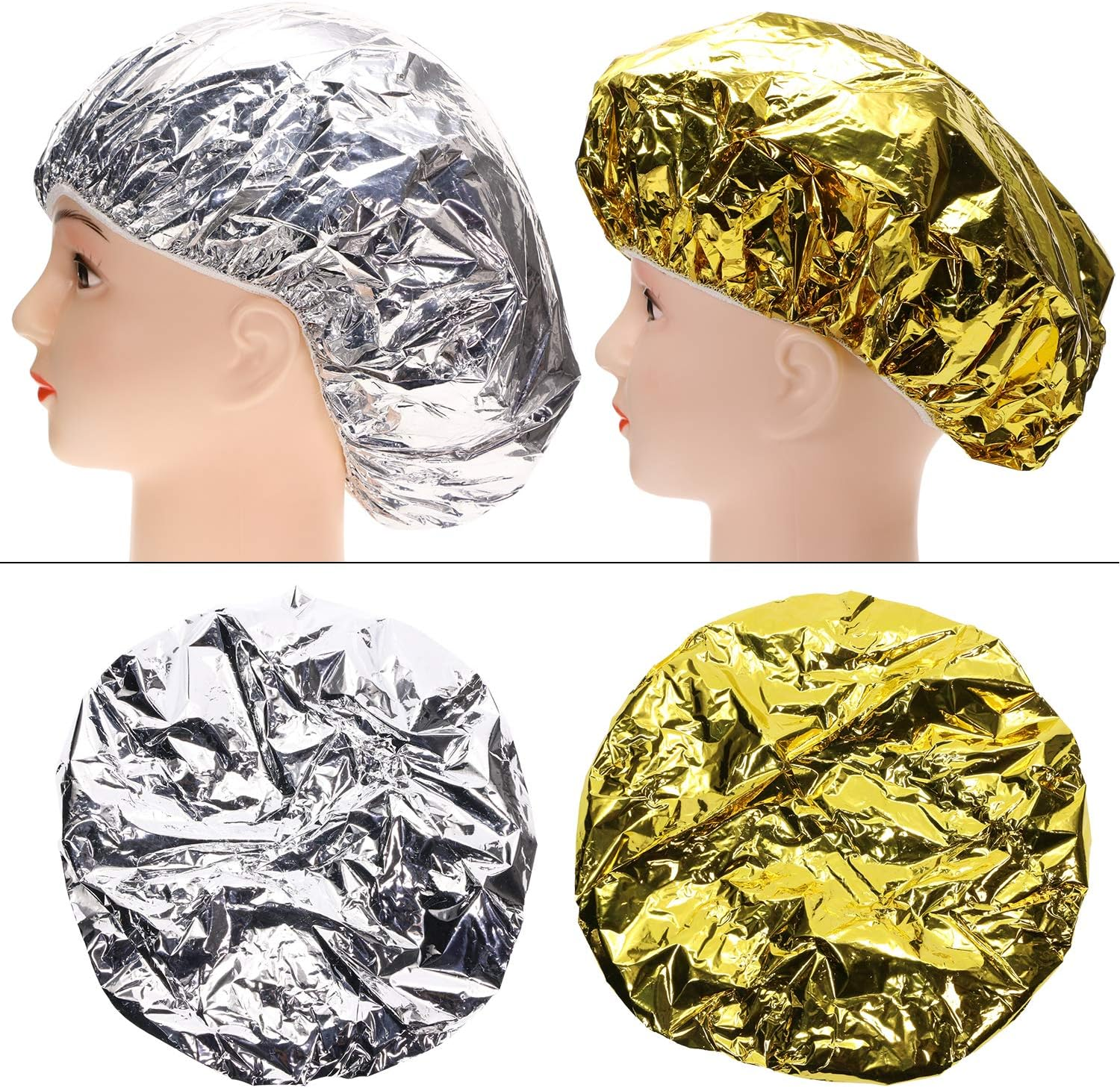Tupalizy 4PCS Deep Conditioning Heat Cap Aluminum Foil Shower Cap for Women Natural Hair Dying Lifting Color Hot Oil Treatments Processing Caps for Nourishing Hair Salon Spa Home Use, Gold and Silver image number 5