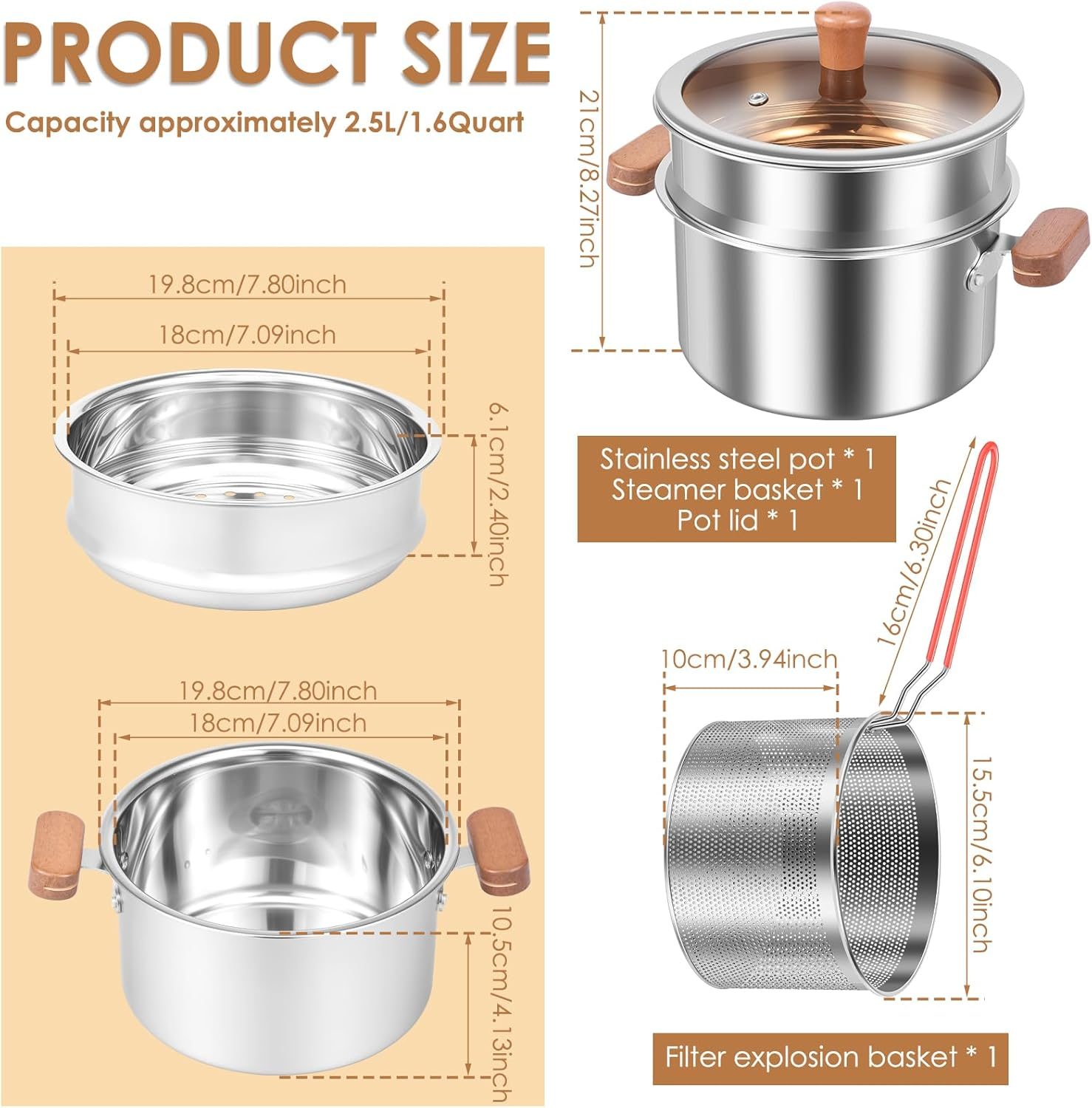 Awobepl Stainless Steel Steamer Pot Set 2.5L with Insert & Basket for Gas, Induction Cooktop & Electric Stove | for Veggies, Dumplings, Seafood, Kitchen Cooking Set