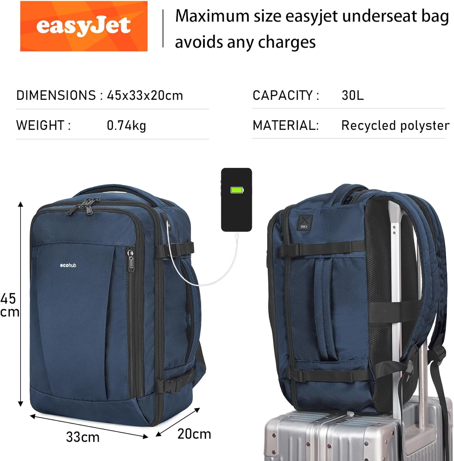 ECOHUB Easyjet Cabin Bag 45X36X20 Underseat Backpack Travel Rucksack 13 Pocket Hand Luggage Waterproof Recycled Carry on Bag for Women & Men 30L image number 3
