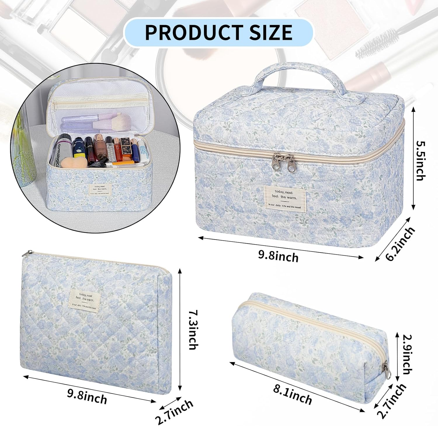 Senbowe Floral Makeup Bag, 3 Pack Large Cotton Quilted Makeup Bag Set, Cute Floral Coquette Aesthetic Toiletry Bag Make up Cosmetic Bag for Women, Toiletry Travel Make up Organizer Bag - Blue-White image number 7