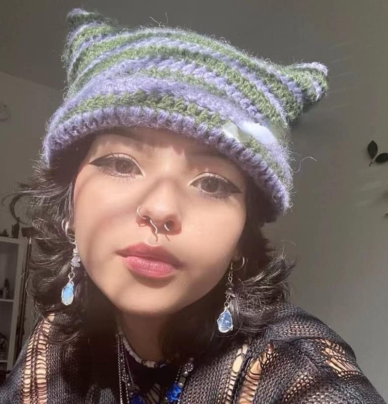 Women Girls Boys Teens Cute CAT Kitty Ears Hats, Winter Warm Knitted Stripe Grunge Accessories Slouchy Headgear - Black image number 4