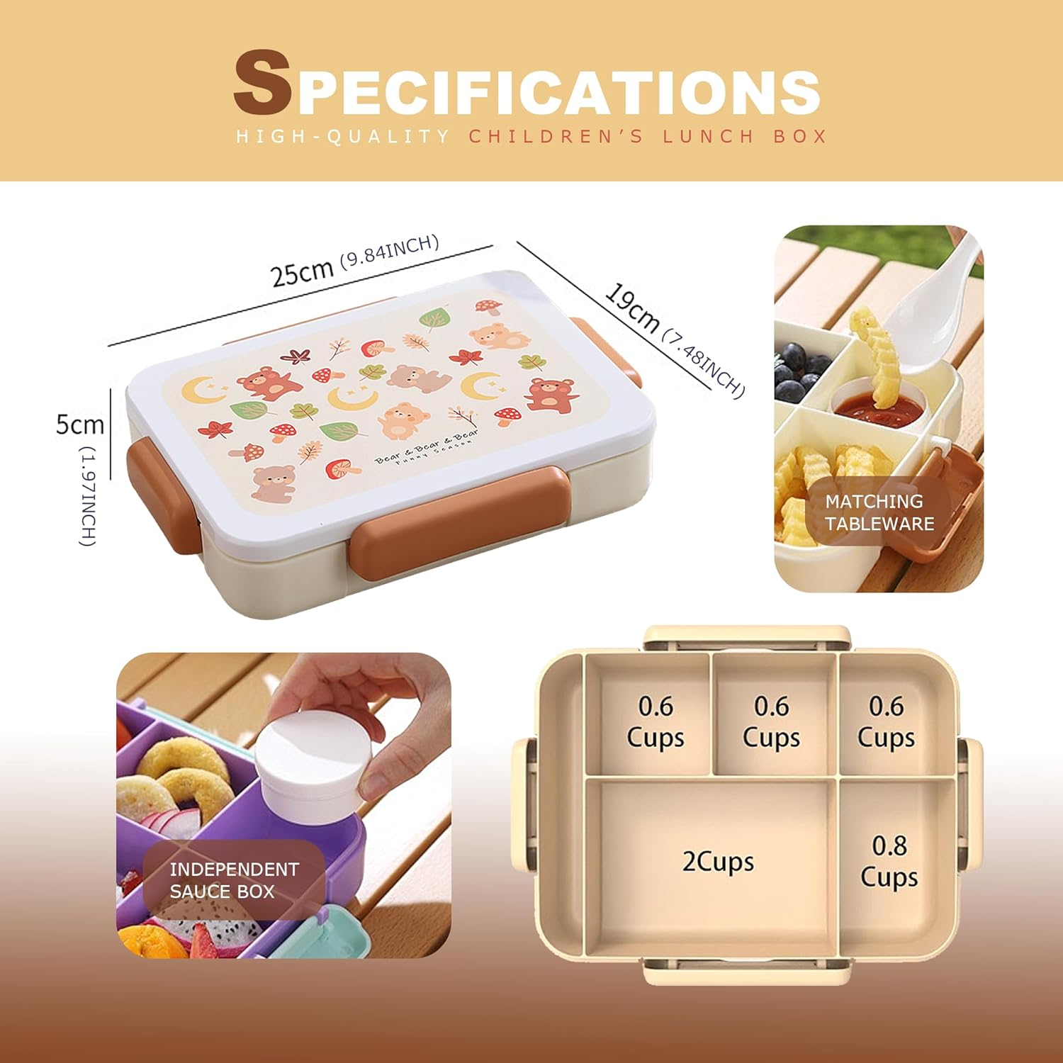 STRONGBERRY Kids Lunch Box, Healthy and Microwave - Safe, Dinosaur Parade, Purple Unicorn, Brown Bear Designs (Brown Little Bear) image number 3